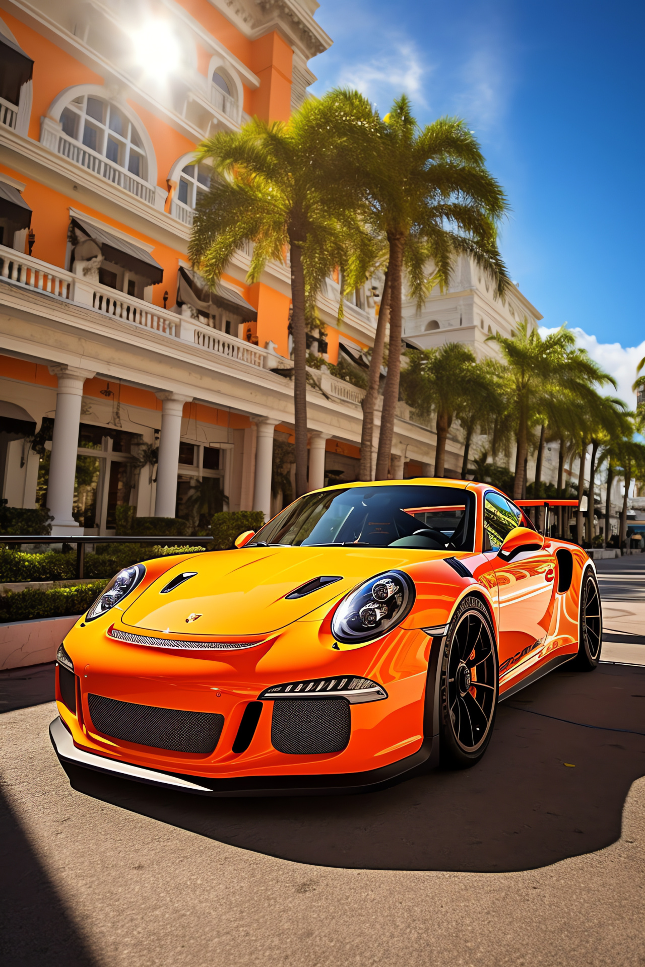 Porsche GT3 in Miami, American coastal city, Styled luxury car, Vibrant urban architecture, Tropical beachside setting, HD Phone Image