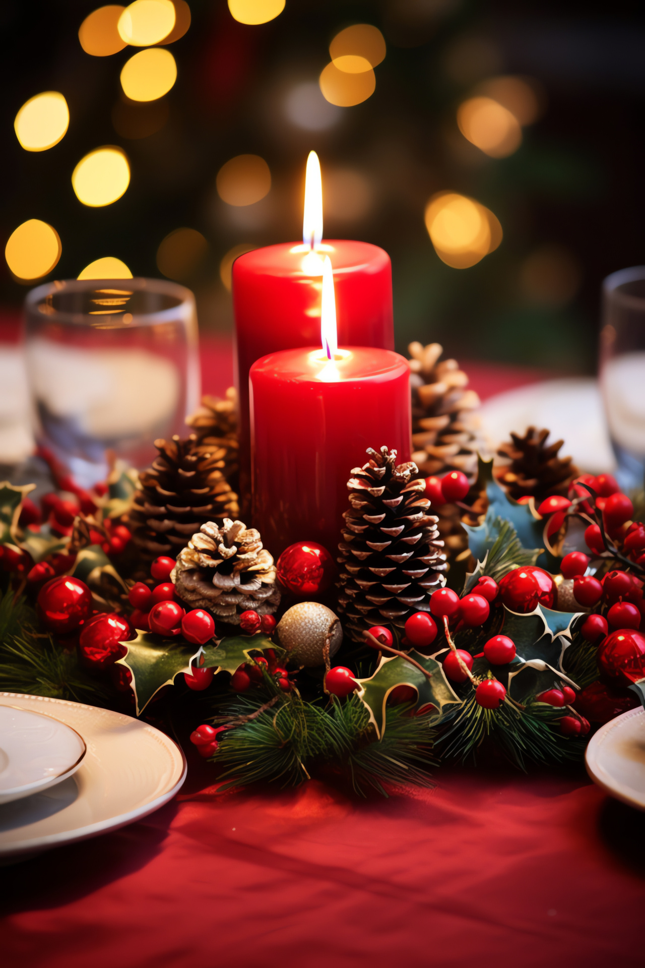 Noel tablescape, fresh winter foliage, conifer cones, candlelit warmth, celebratory dining, HD Phone Image