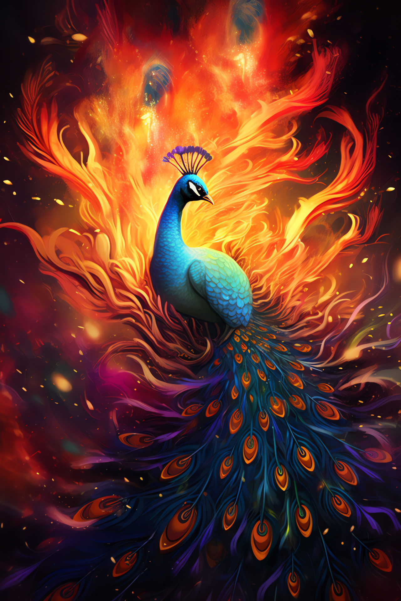 Peacock variety, Feather radiance, Shades of fire, Mythical aura, Garden shimmer, HD Phone Wallpaper