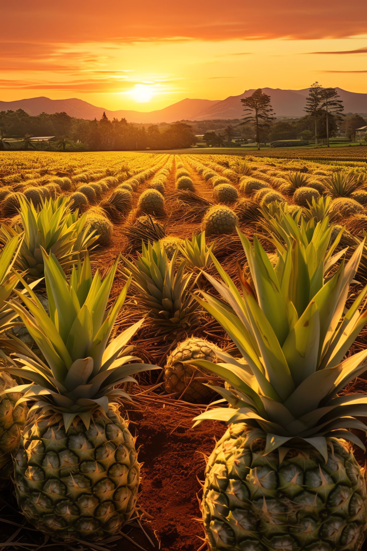 Pineapple cultivation, tropical plantation, agronomy sunset, ripe fruits, evening farming, HD Phone Wallpaper