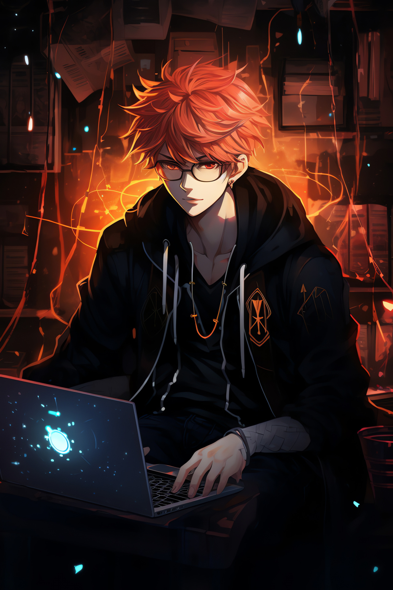 Mystic Messenger character, Hacker 707, Vivid auburn locks, Expressive eyes, Computing equipment, HD Phone Image
