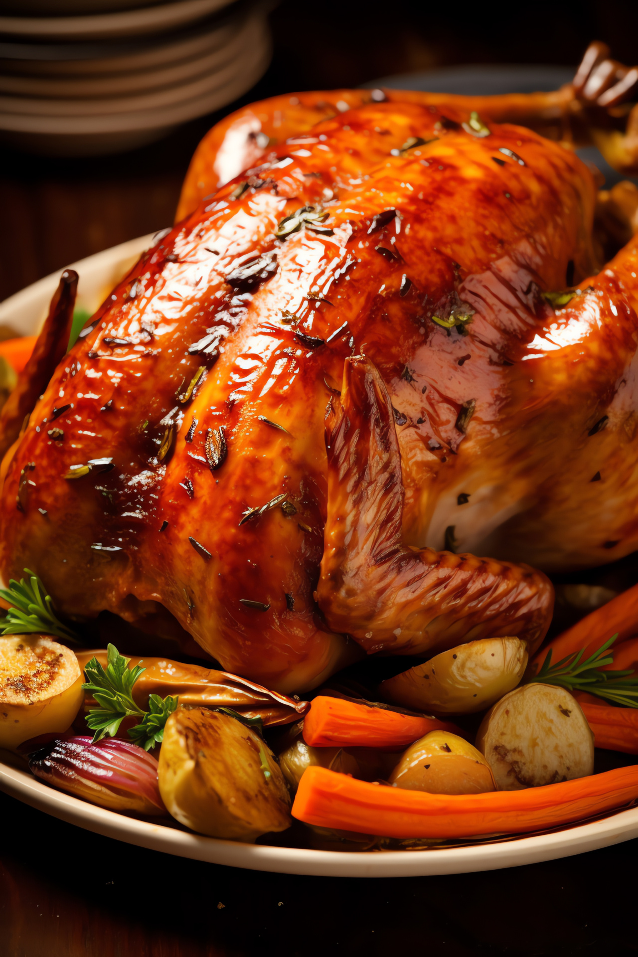 Roasted Thanksgiving turkey, Maple sweet glaze, Glistening exterior, Oven-baked root vegetables, Orange carrot sides, HD Phone Wallpaper