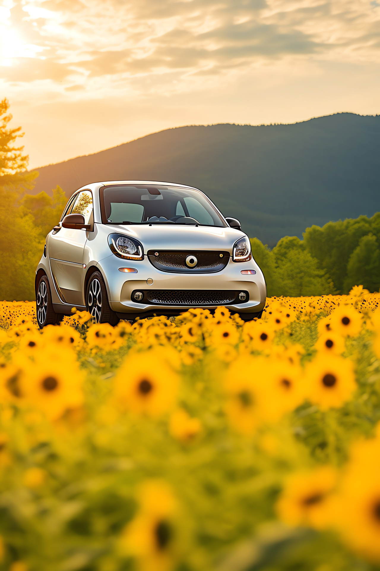 Smart Car France, ForTwo Cabriolet, scenic fields, panoramic expanses, French village charm, eco-conscious drive, HD Phone Image