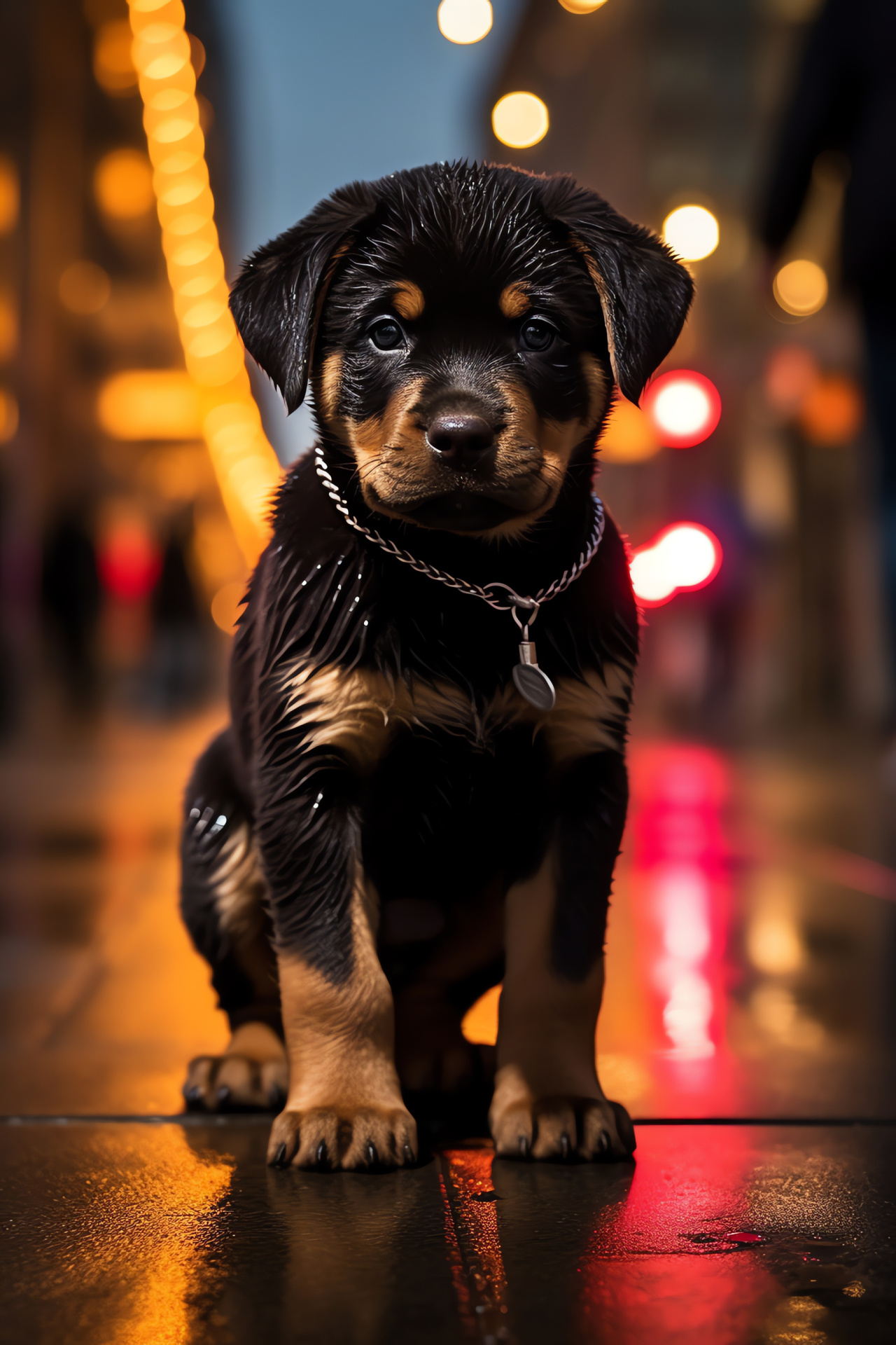 Rottweiler pup city, Canine alert eyes, Puppy black fur, Rottweiler confident stance, Urban pet scene, HD Phone Image