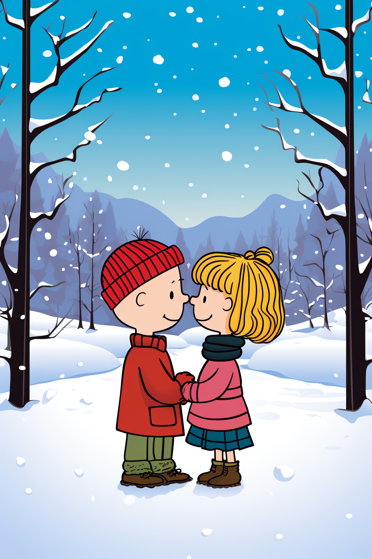 Winter's Valentine charm, Peanuts friends on ice, Snow-laden setting, Twilight ambiance, Friendship and affection, HD Phone Image