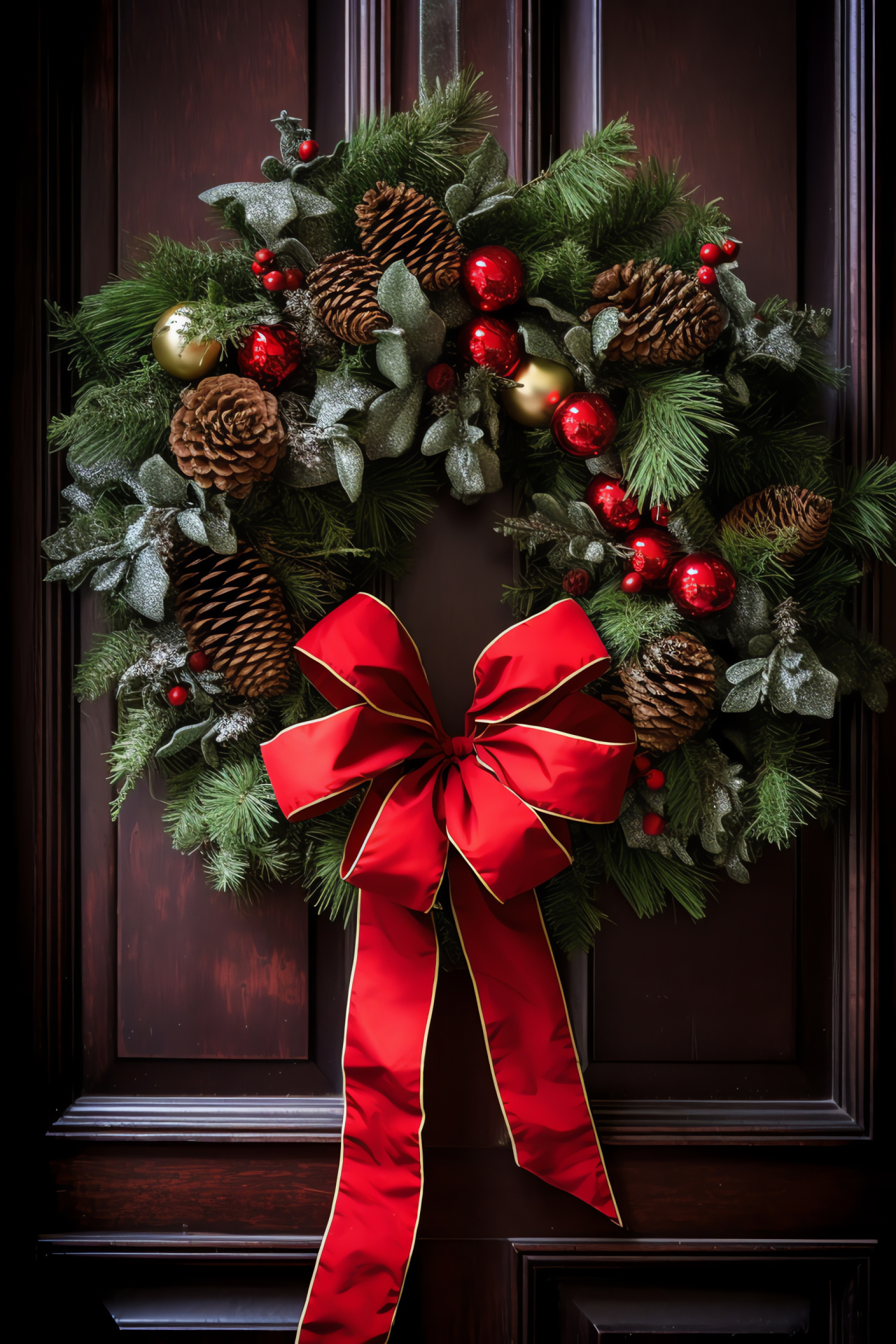 Front door decoration, Christmas greenery, seasonal pine arrangement, velvet festive ties, welcoming holiday accent, HD Phone Wallpaper