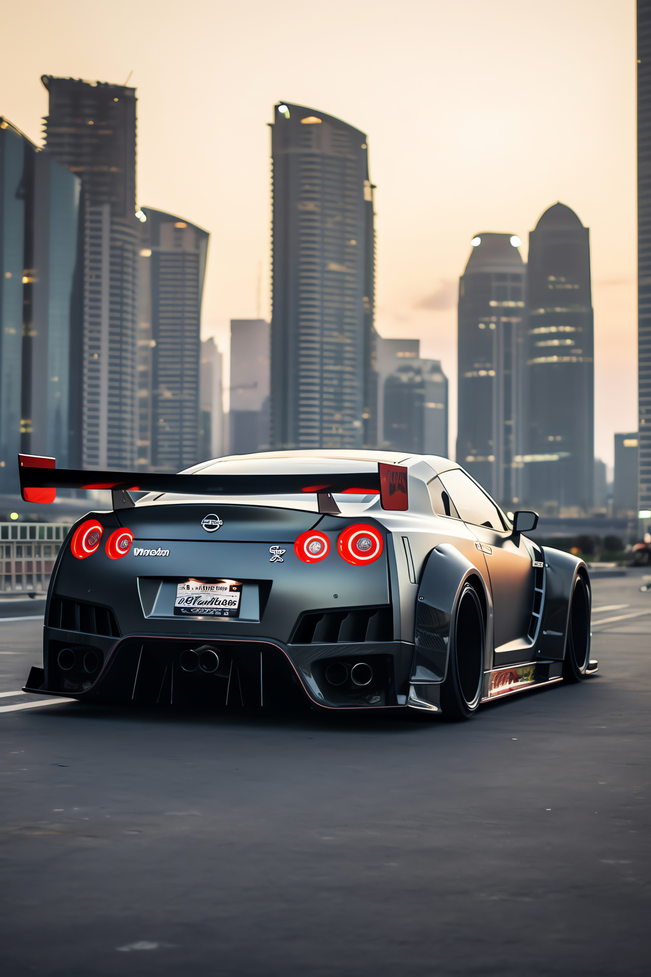 Nissan GTR Liberty Walk, Dubai skyline, Wide-body supercar, Custom spoiler addition, Burj Khalifa nearby, HD Phone Image