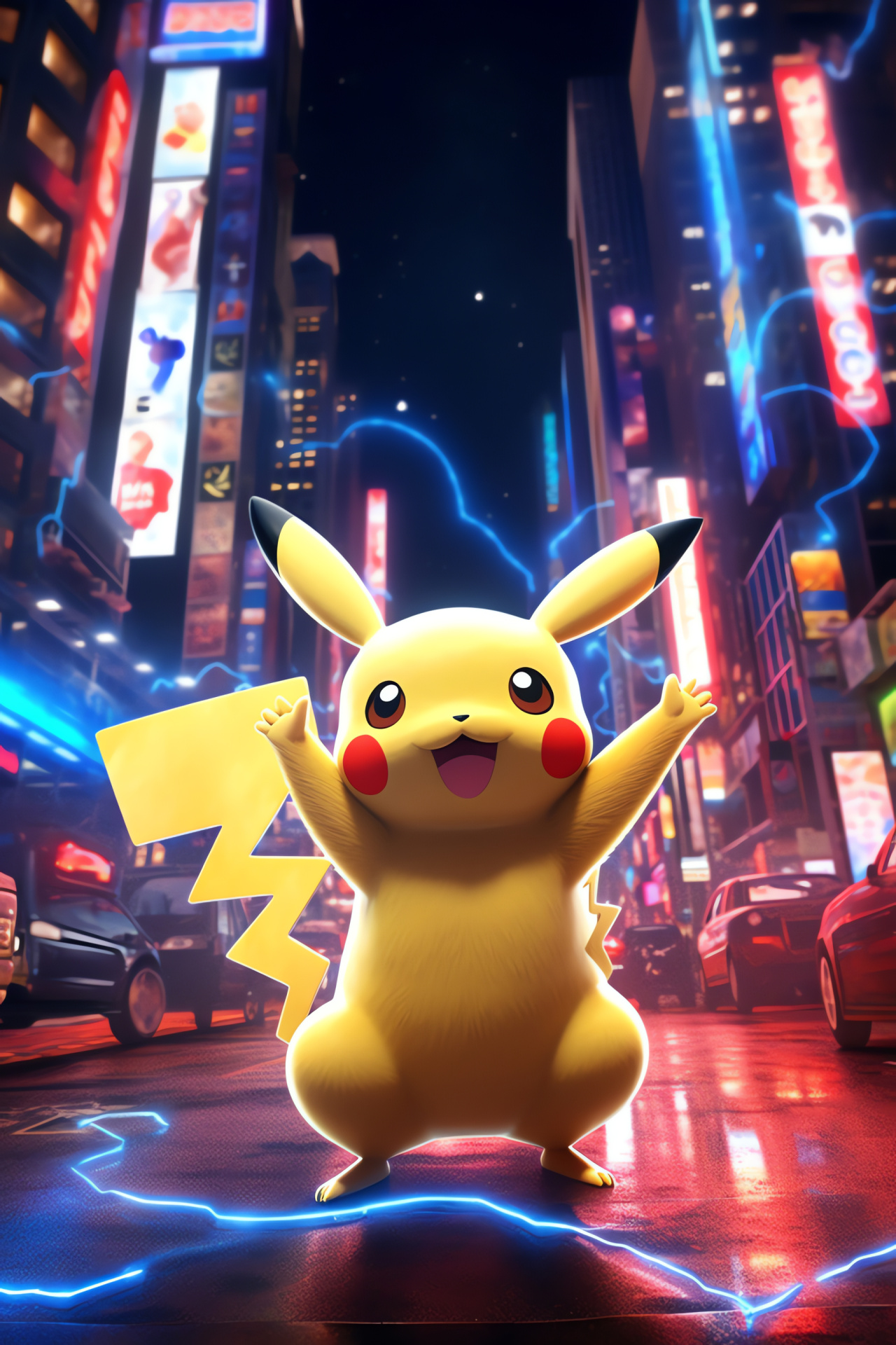 Pokemon in metropolitan setting, Pikachu amid skyscrapers, Neon signage illumination, Urban adventure theme, Street level perspective, HD Phone Image