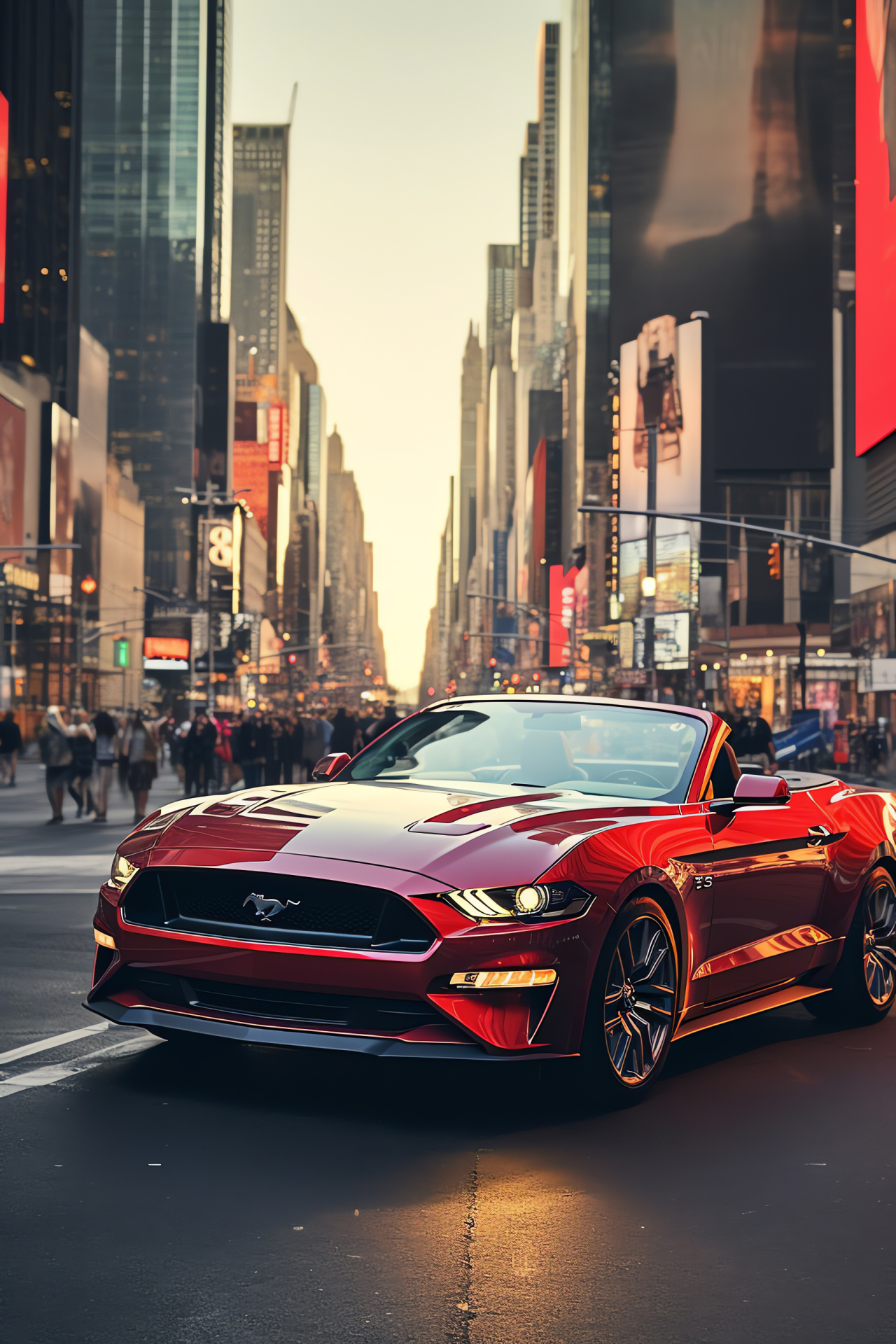 Convertible Mustang, New York Cityscape, Iconic Manhattan, Urban lifestyle, Pony badge, HD Phone Wallpaper
