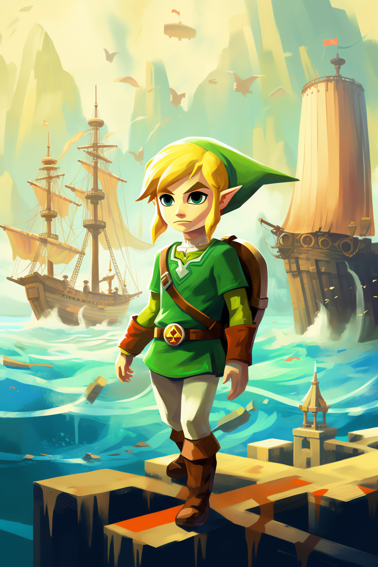 Toon Link The Wind Waker, Island exploration adventure, Windfall Island setting, Animated expression, Jubilant ambiance, HD Phone Image