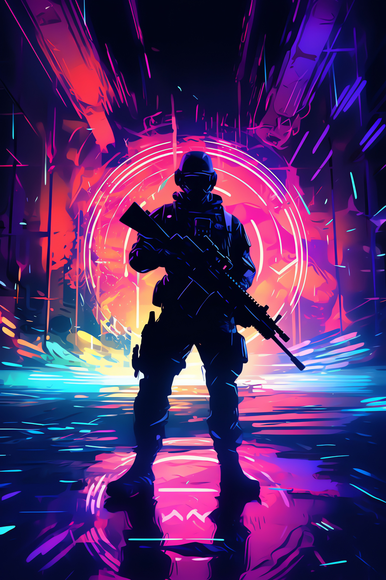 Yuri, Sniper's focus, weaponry expertise, neon aesthetics, combat scene, HD Phone Wallpaper