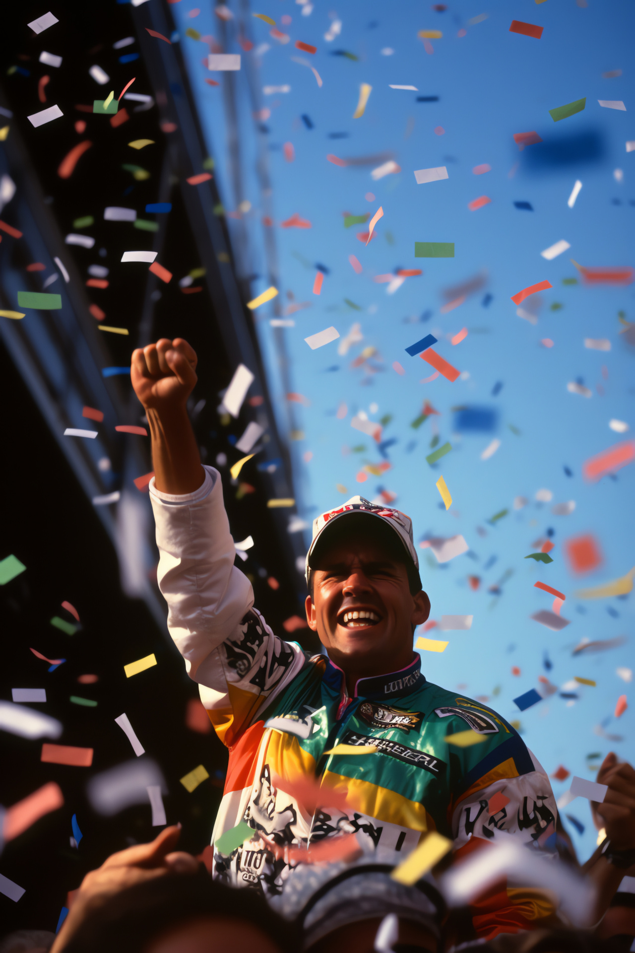 Victorious NASCAR moment, Indianapolis Motor Speedway finale, elated driver celebration, joyous color bursts, moment of glory, HD Phone Wallpaper