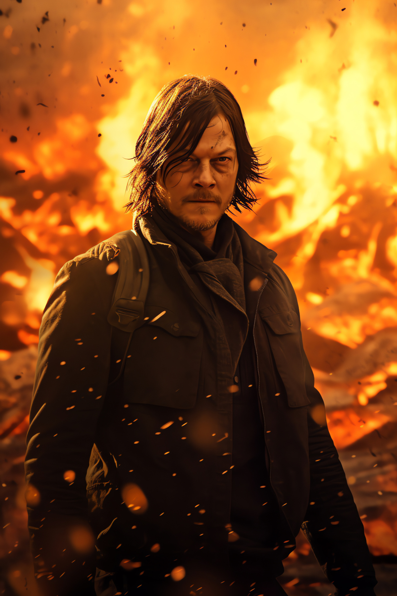 Norman Reedus on set, Battle scene depiction, Special effects spectacle, Futuristic conflict, Visual explosion effects, HD Phone Image