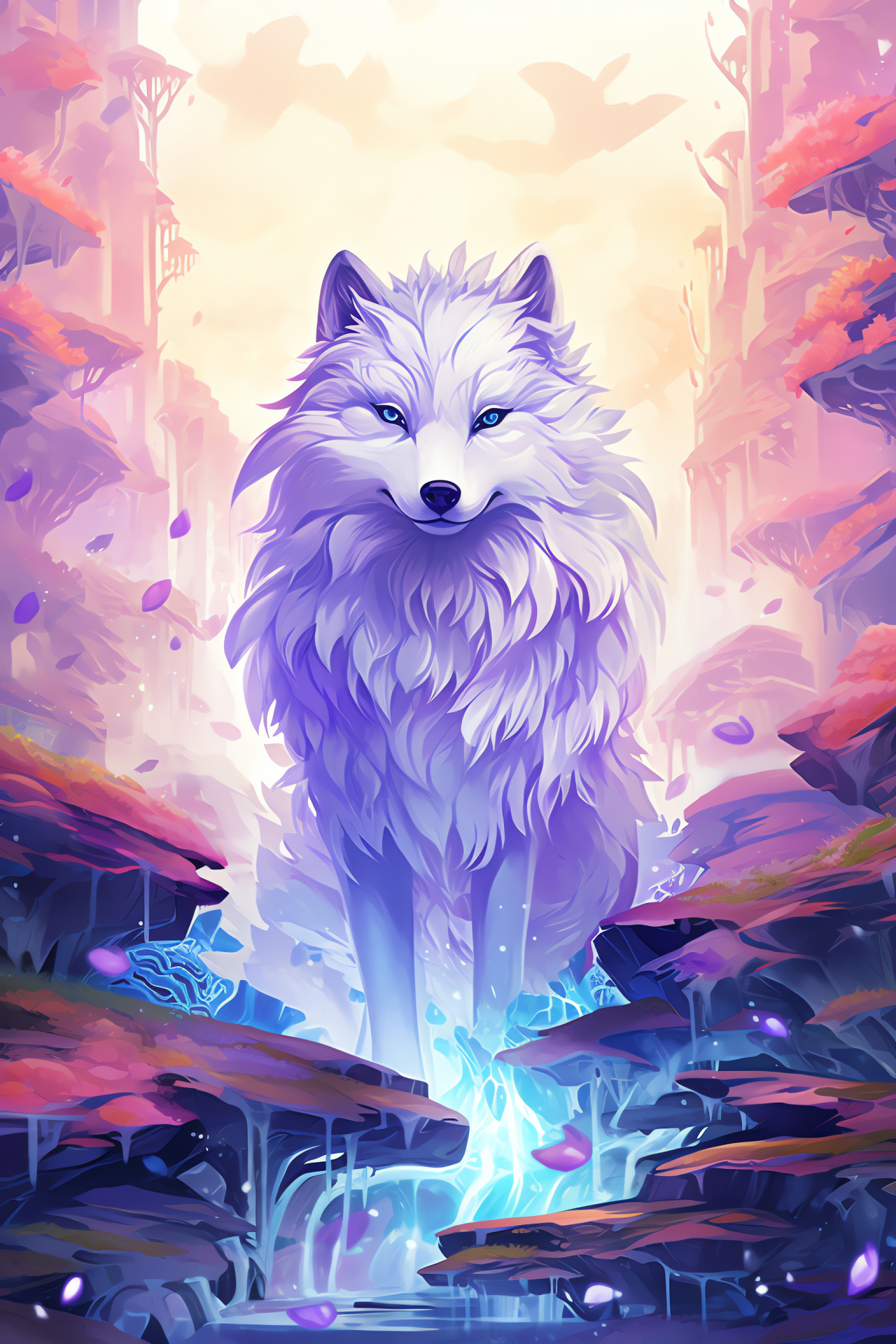 Mythical Spirit Wolf, Translucent purple gaze, Ethereal creature, Dreamlike landscape, Waterfall illusions, HD Phone Image