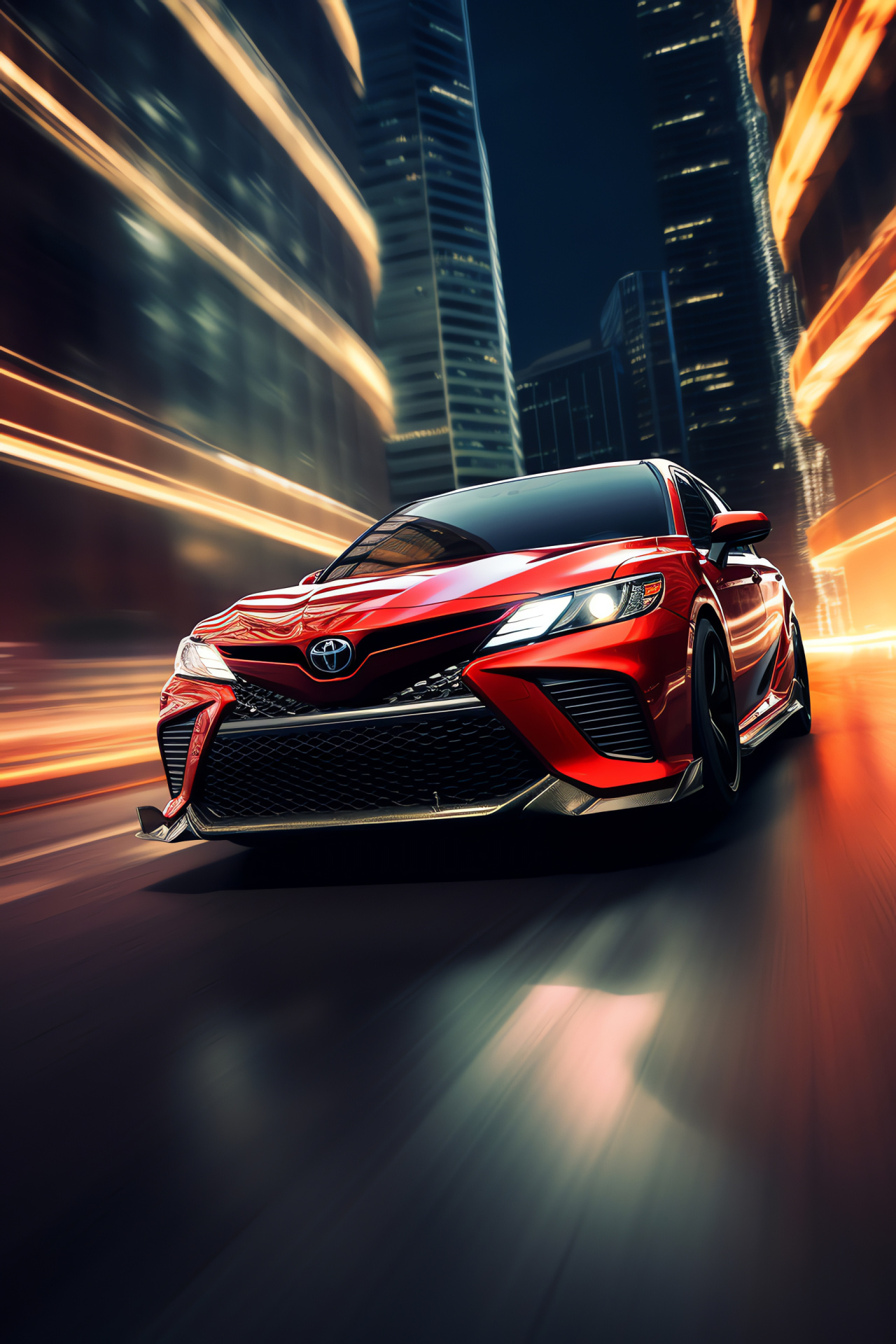 Toyota TRD Camry, Urban sport styling, Cityscape setting, Modern sedan form, Street-level driving, HD Phone Image