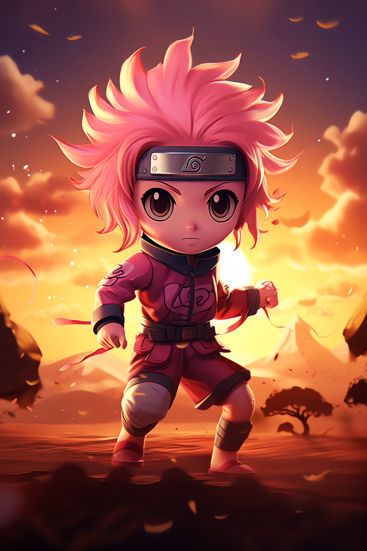 Naruto Chibi, Sakura Haruno, Spirited warrior, Sunset ambiance, Anime series, HD Phone Image