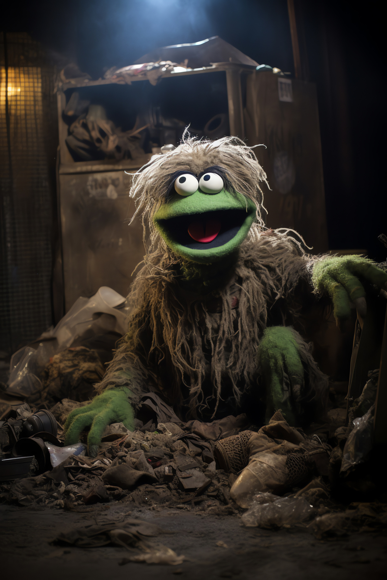 Oscar's trash haven, meticulous muppet portrayal, refuse pile composition, Caroll Spinney masterwork, tactile textures, HD Phone Image