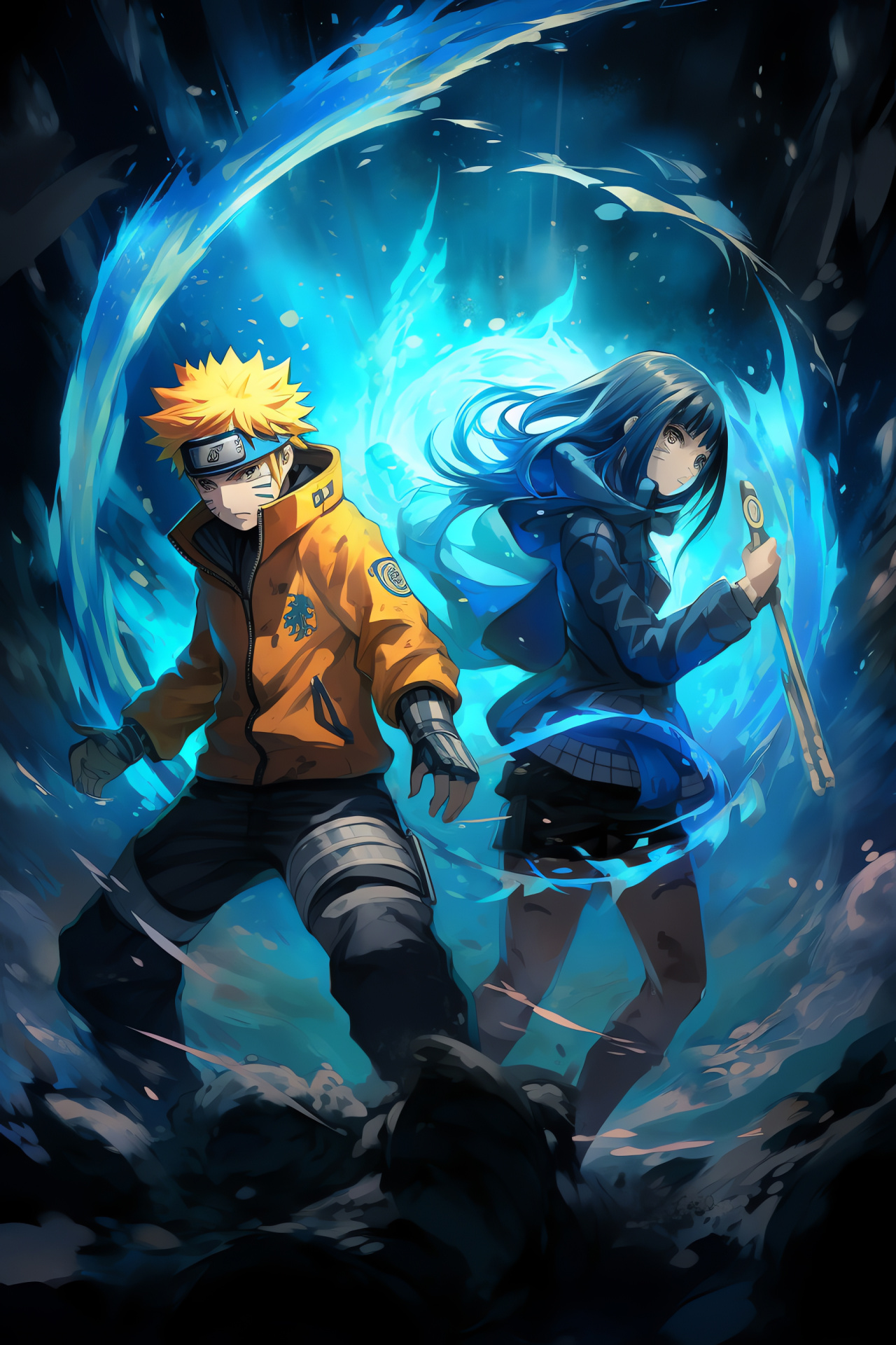 Naruto Uzumaki, Hinata Hyuga, dynamic duo in combat, blue chakra visualization, Ninja alliance battleground, HD Phone Image