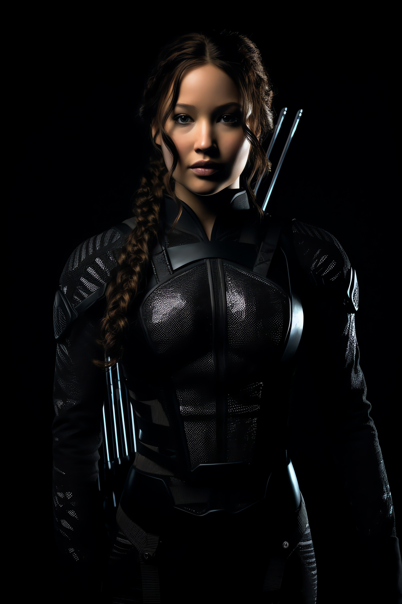 Rebellion symbol, Katniss Everdeen, Sharp gray eyes, Archery gear, Heroic stance, HD Phone Wallpaper