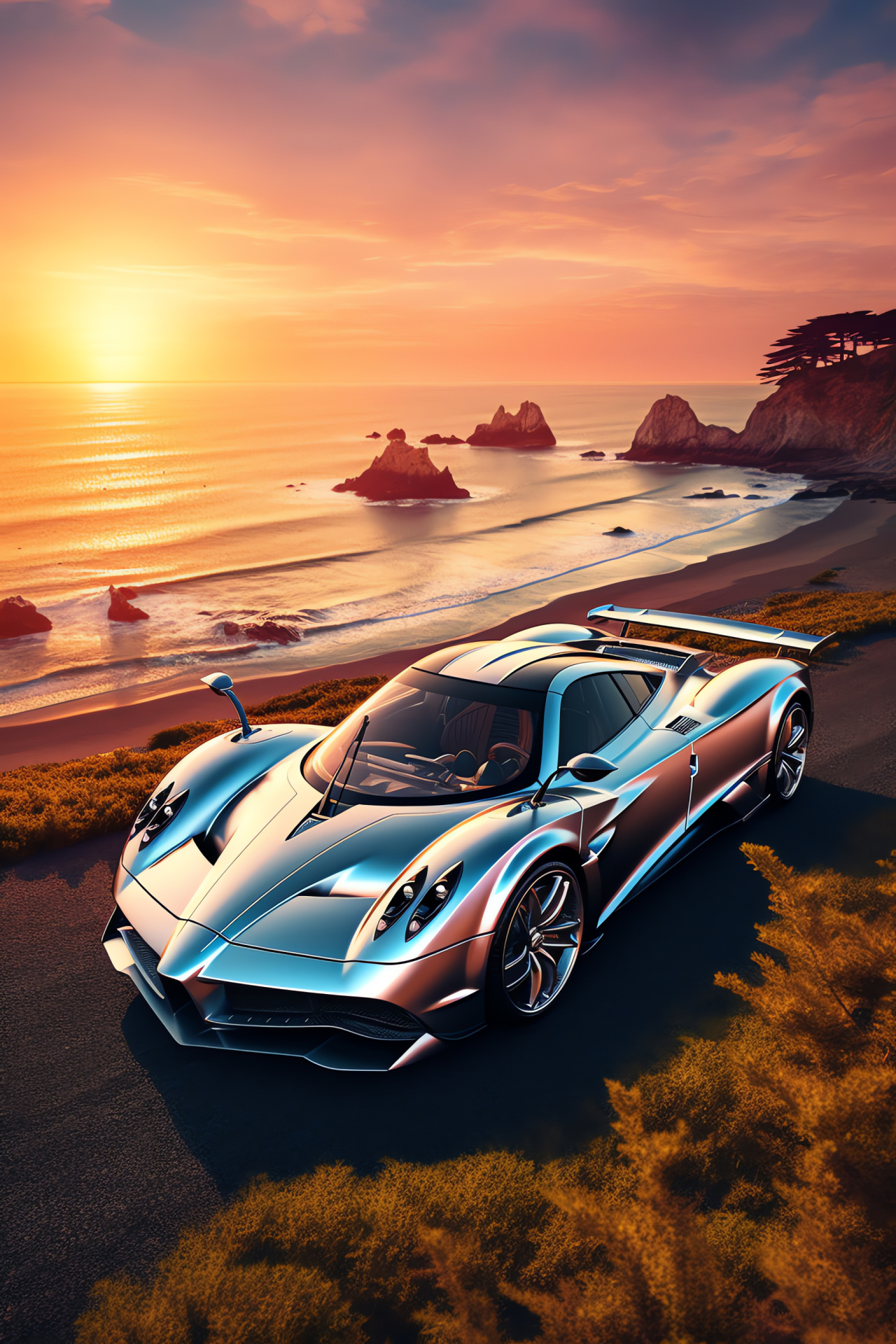 Pagani Zonda F Seaside, Silver Pagani beauty, Dawn coastal roads, Oceanic horizon, Premium vehicle, HD Phone Wallpaper