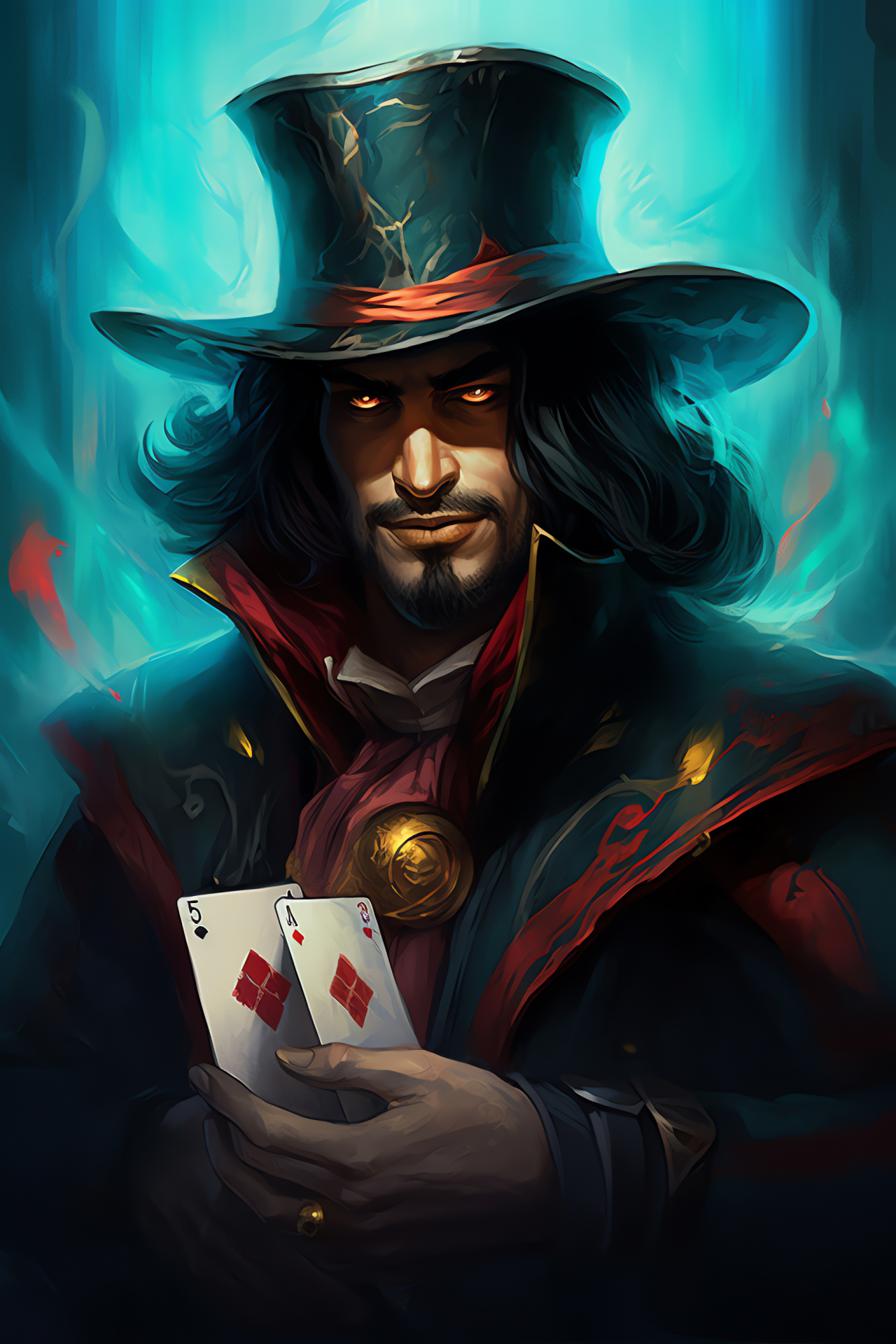 Twisted Fate, Card conjurer close-up, Cyan-eyed avatar, Game world, Leagues icon, HD Phone Image