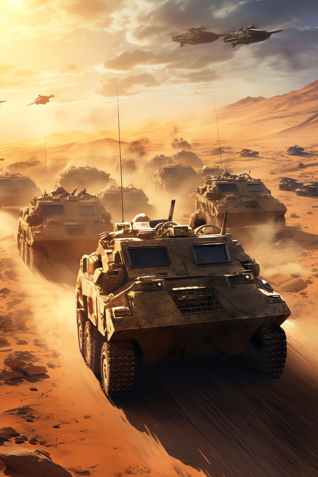 Desert military convoy, armored transport, sandy operations, vehicle formation, strategic desert terrain, HD Phone Wallpaper
