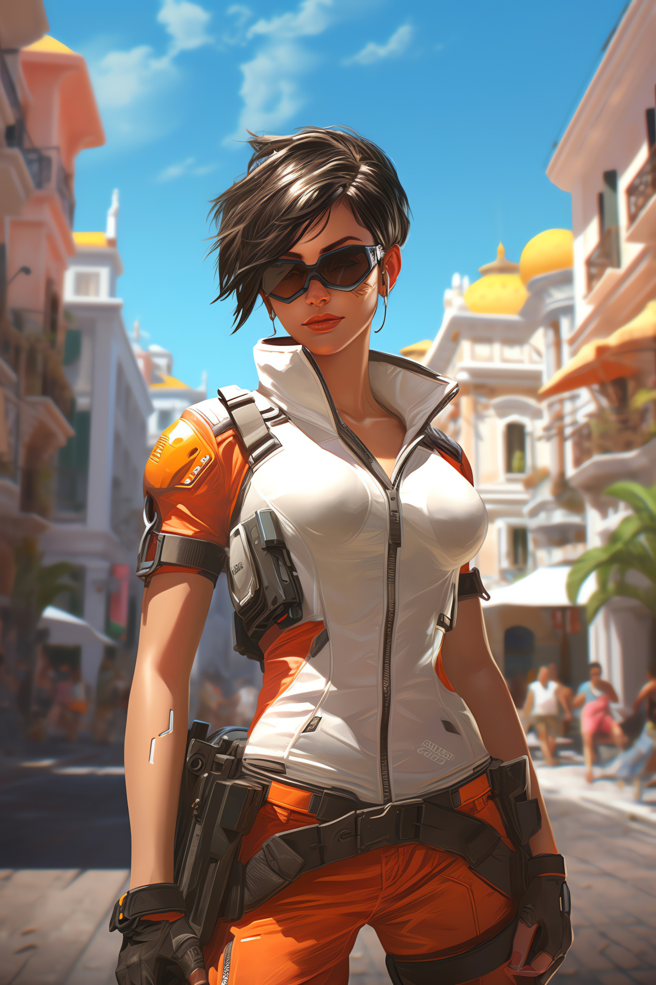 Blizzard game Tracer, Sci-fi shooter role, Manipulates time, Cuba inspired locale, Fiction environment, HD Phone Wallpaper