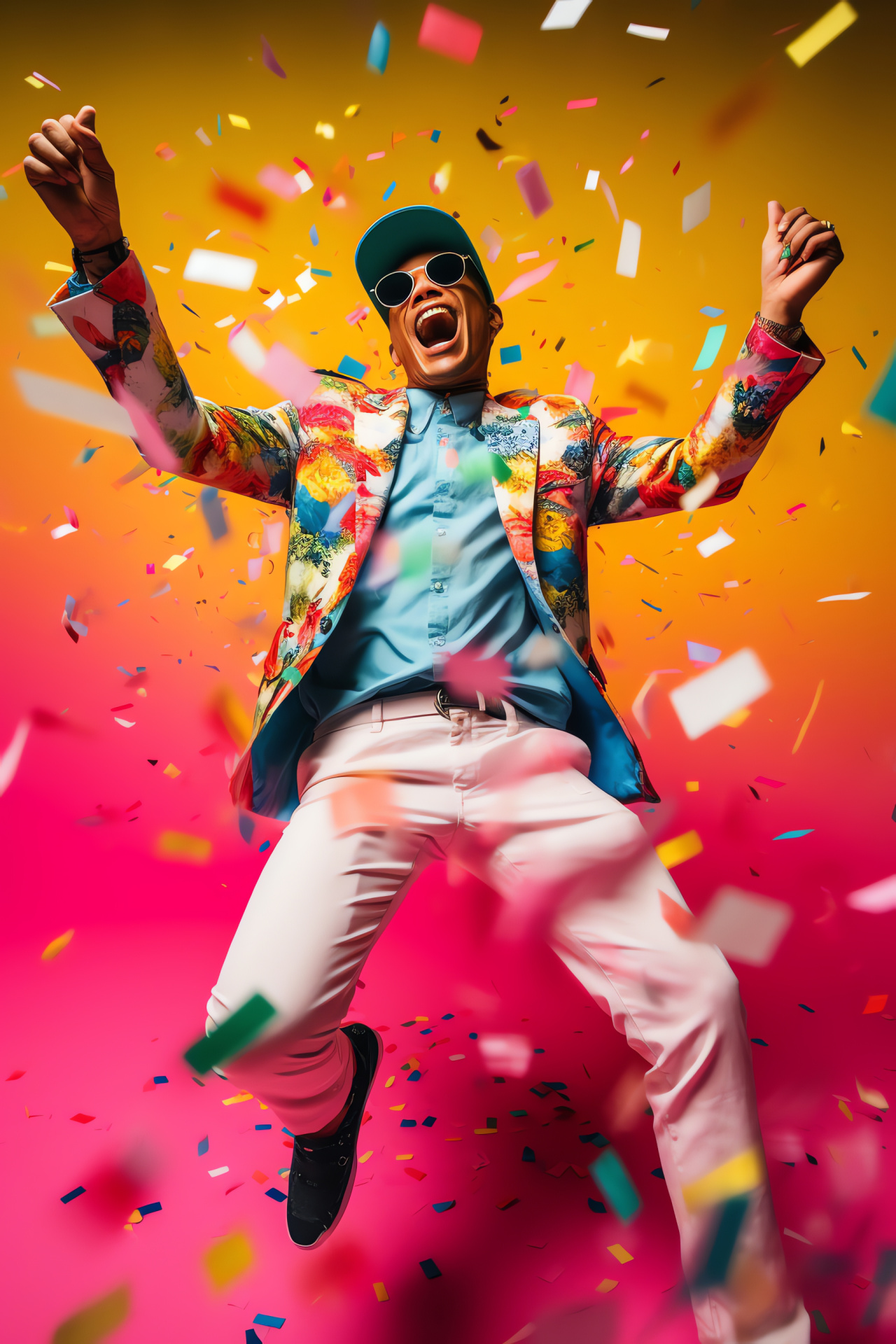 Pharrell, Chart-topping hit, Festive mood, Musical celebration, Eclectic fashion, HD Phone Image