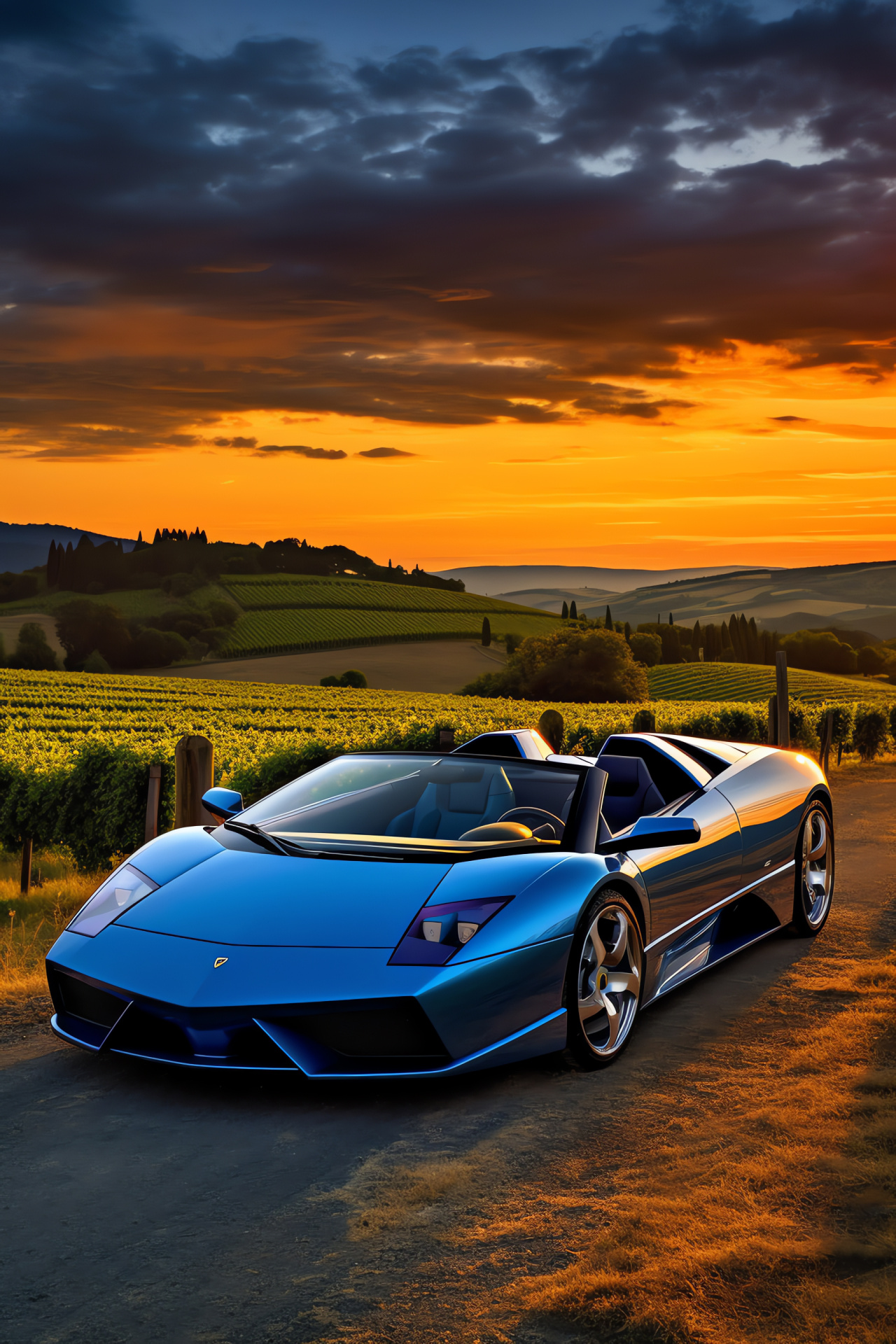 Lamborghini Barchetta portrayal, Tuscan countryside, two-toned metallic paint, luxury convertible, Italian craftsmanship, HD Phone Wallpaper