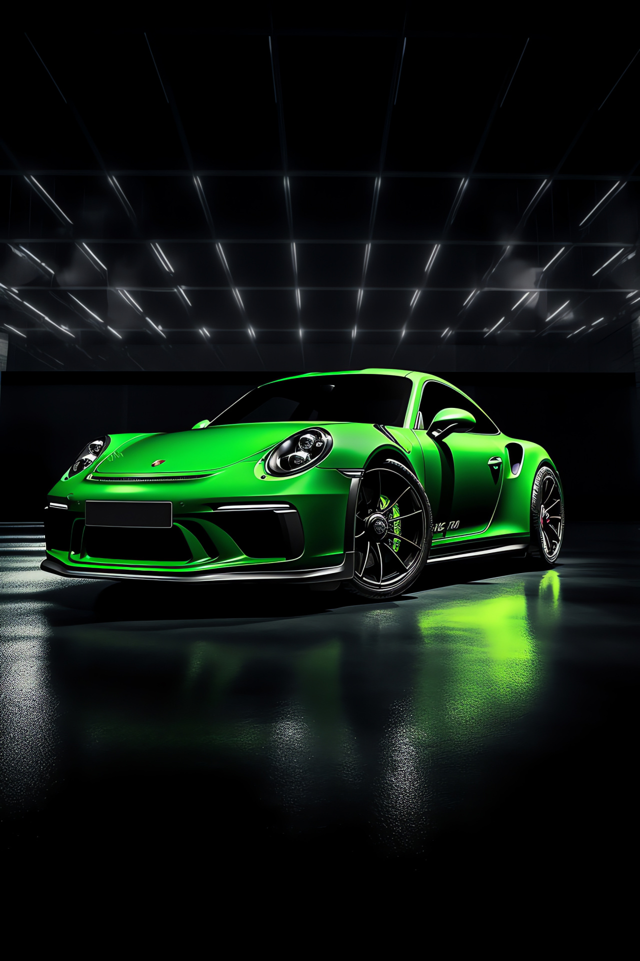 Porsche GT3 presentation, Expansive view staging, Luminous green presence, Radiant linearity, Track-bound form, HD Phone Image