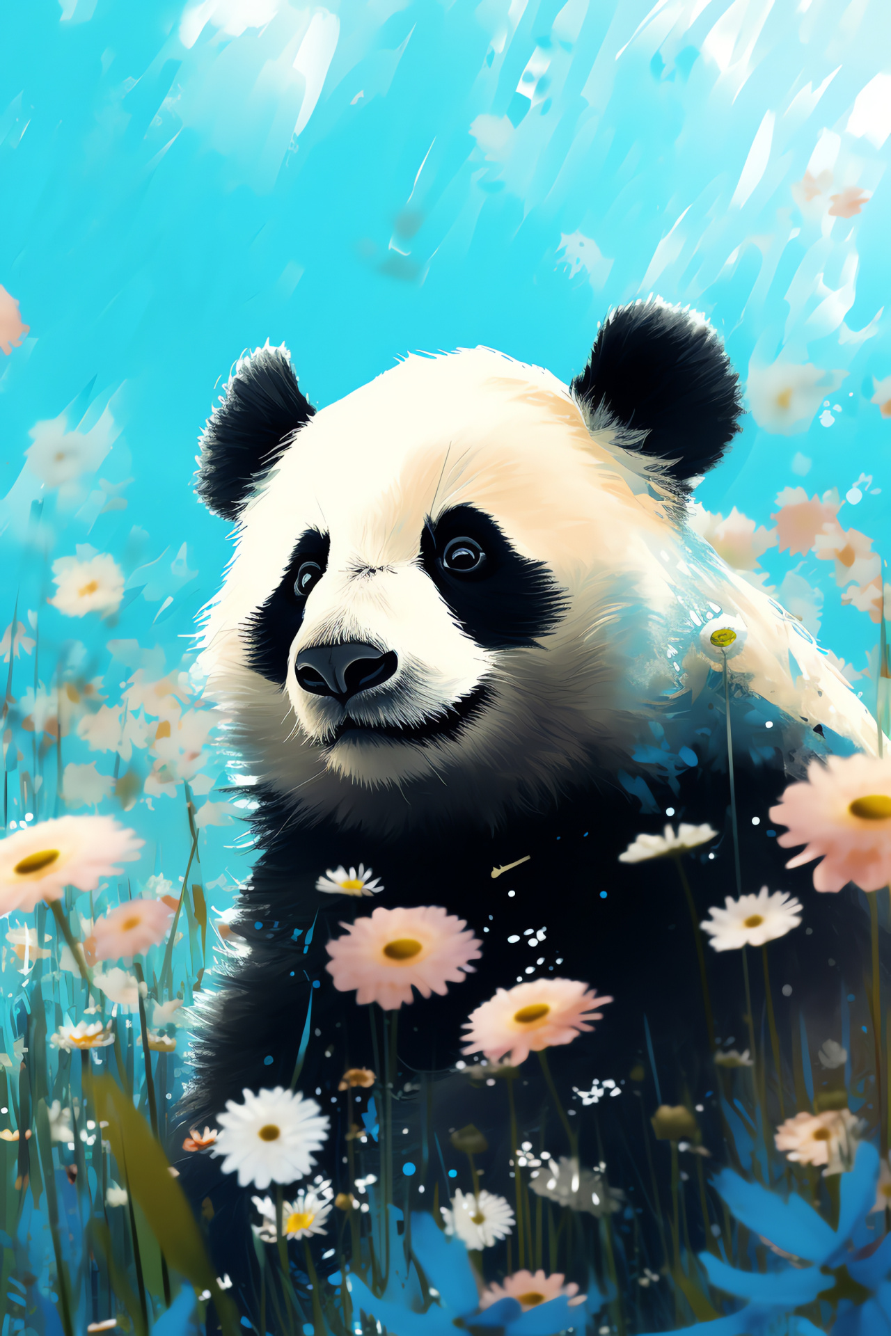 Pandas in meadows, Ursid species, Floral interaction, Mammal in nature, Serene posture, HD Phone Wallpaper