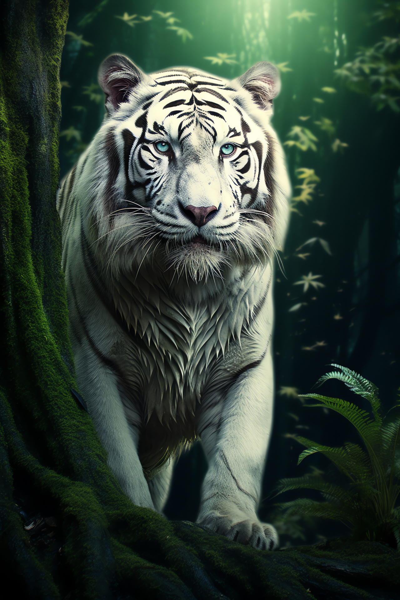 Nocturnal striped feline, Chartreuse gaze, Ancient woodland, Ethereal arboreal scene, Mystical environment, HD Phone Image