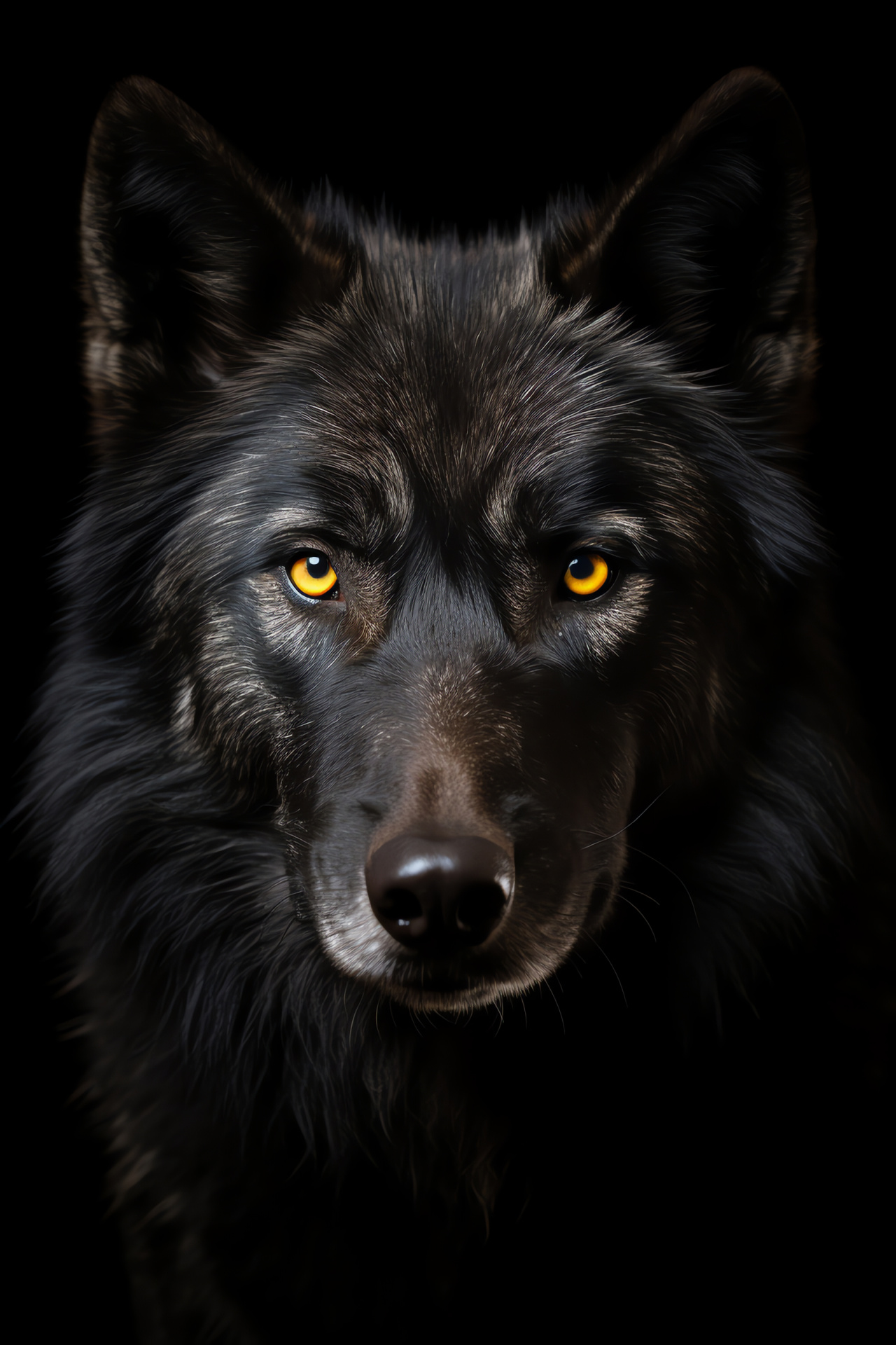 Solitary wolf profile, Black Canis lupus, Intense golden glance, Sleek pelage shade, HD Phone Image