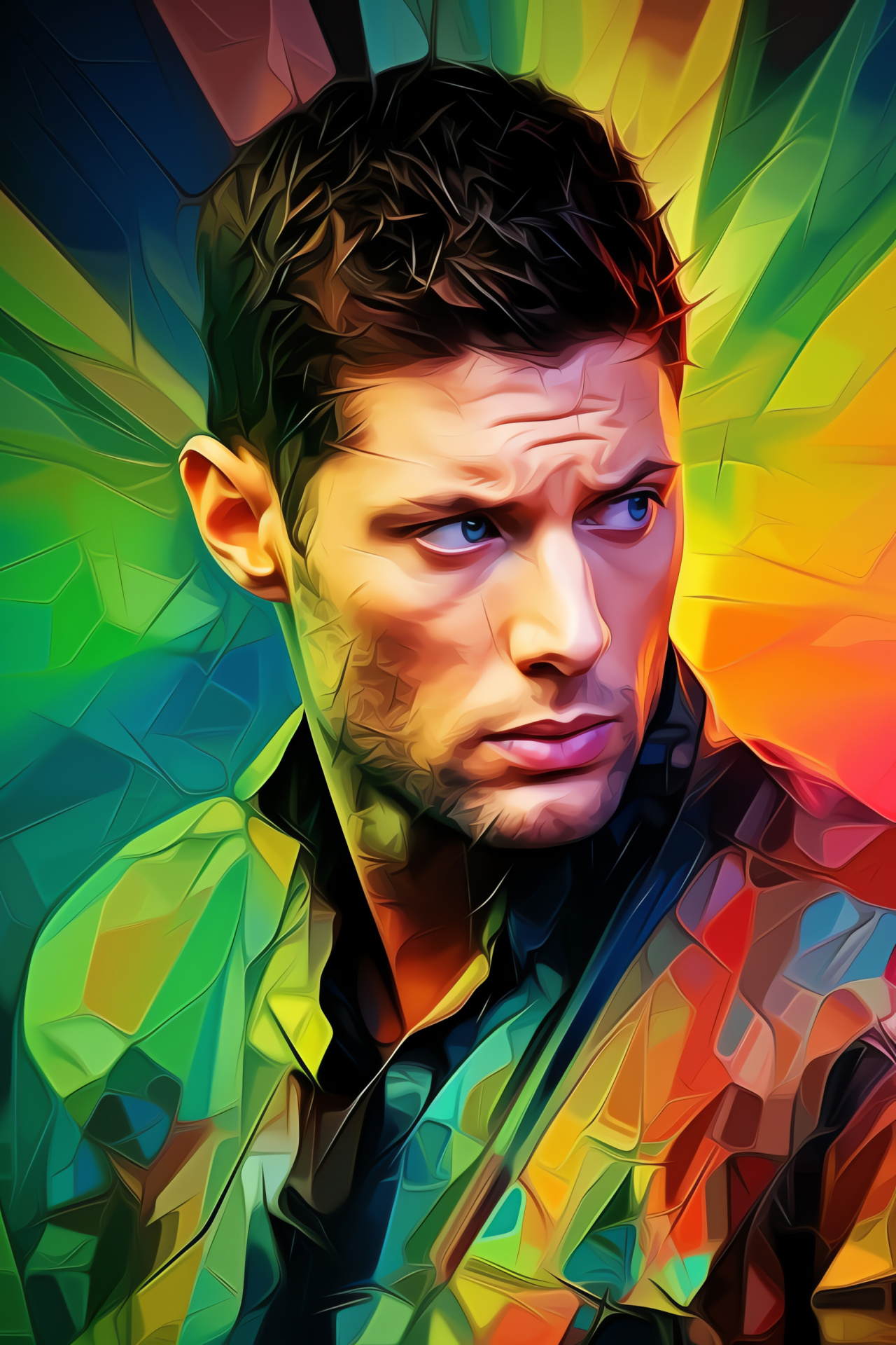 Dean Winchester intensity, Geometric spectral backdrop, Supernatural portrayal, Jensen Ackles focus, Mythic creatures, HD Phone Wallpaper