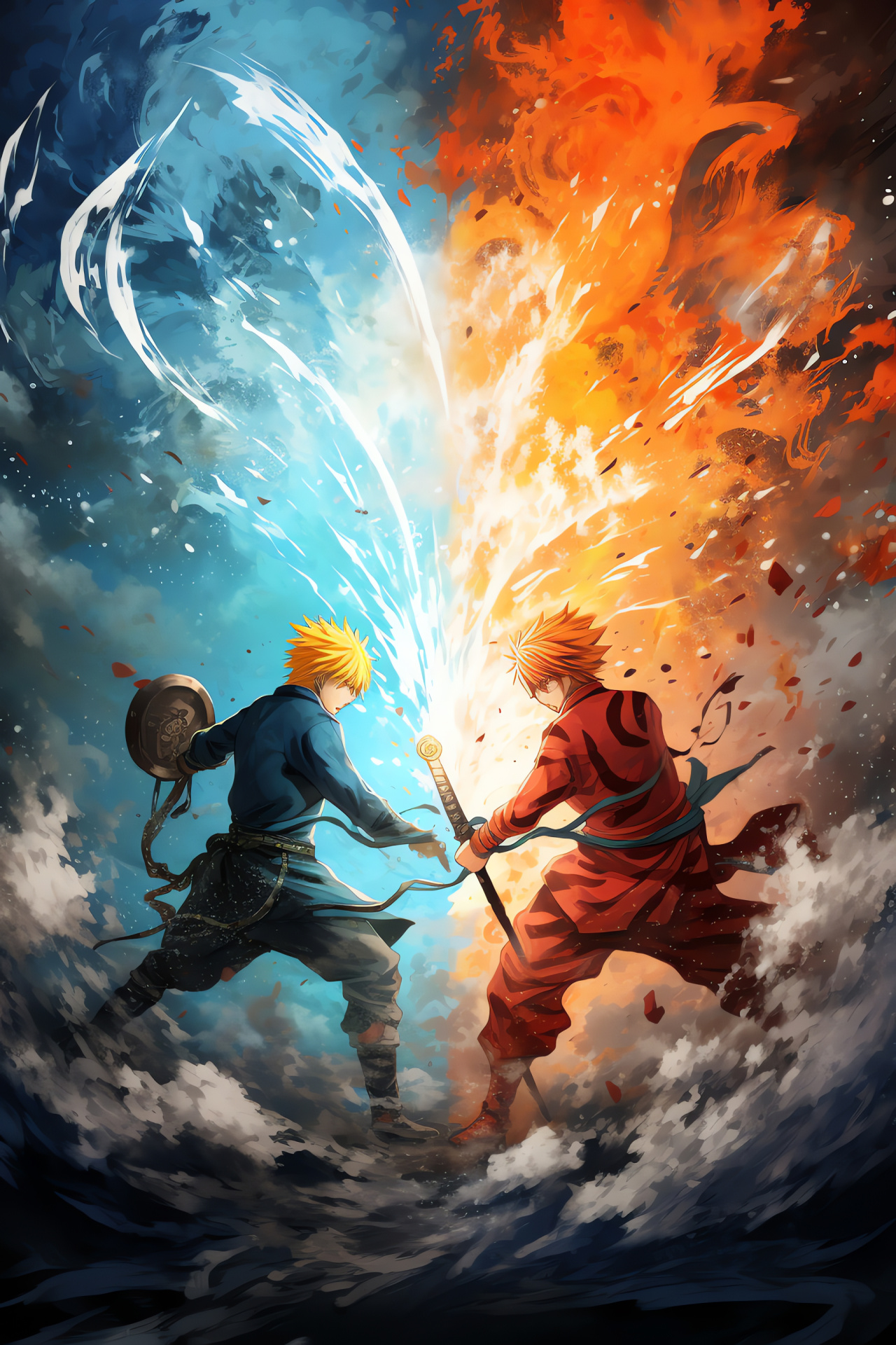 Naruto Uzumaki, Ichigo Kurosaki, crossover battle, signature moves, anime crossover, HD Phone Image