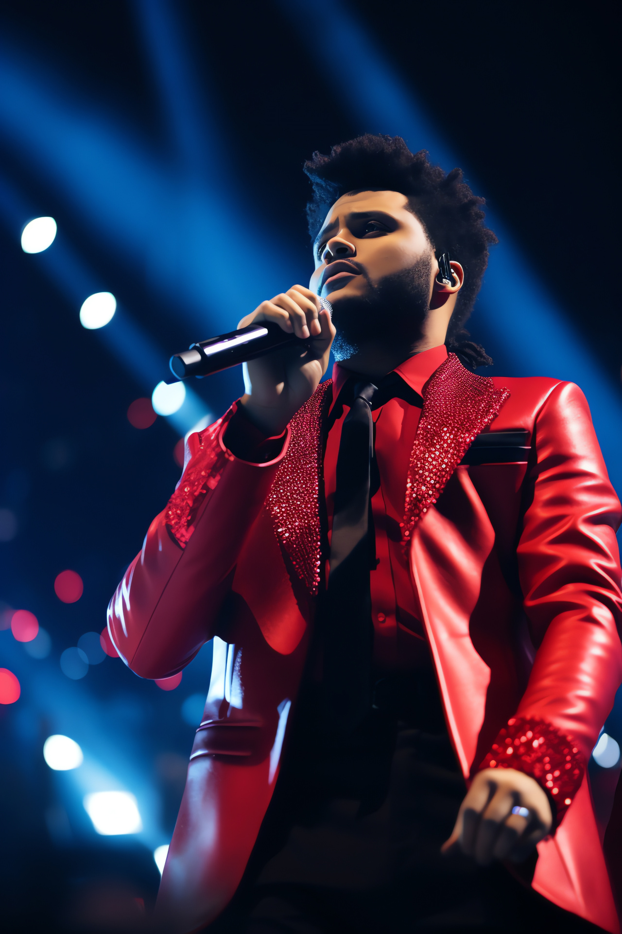 The Weeknd at event, Half-time entertainment, Dazzling light show, Bright outfit, Stage accessory, HD Phone Wallpaper