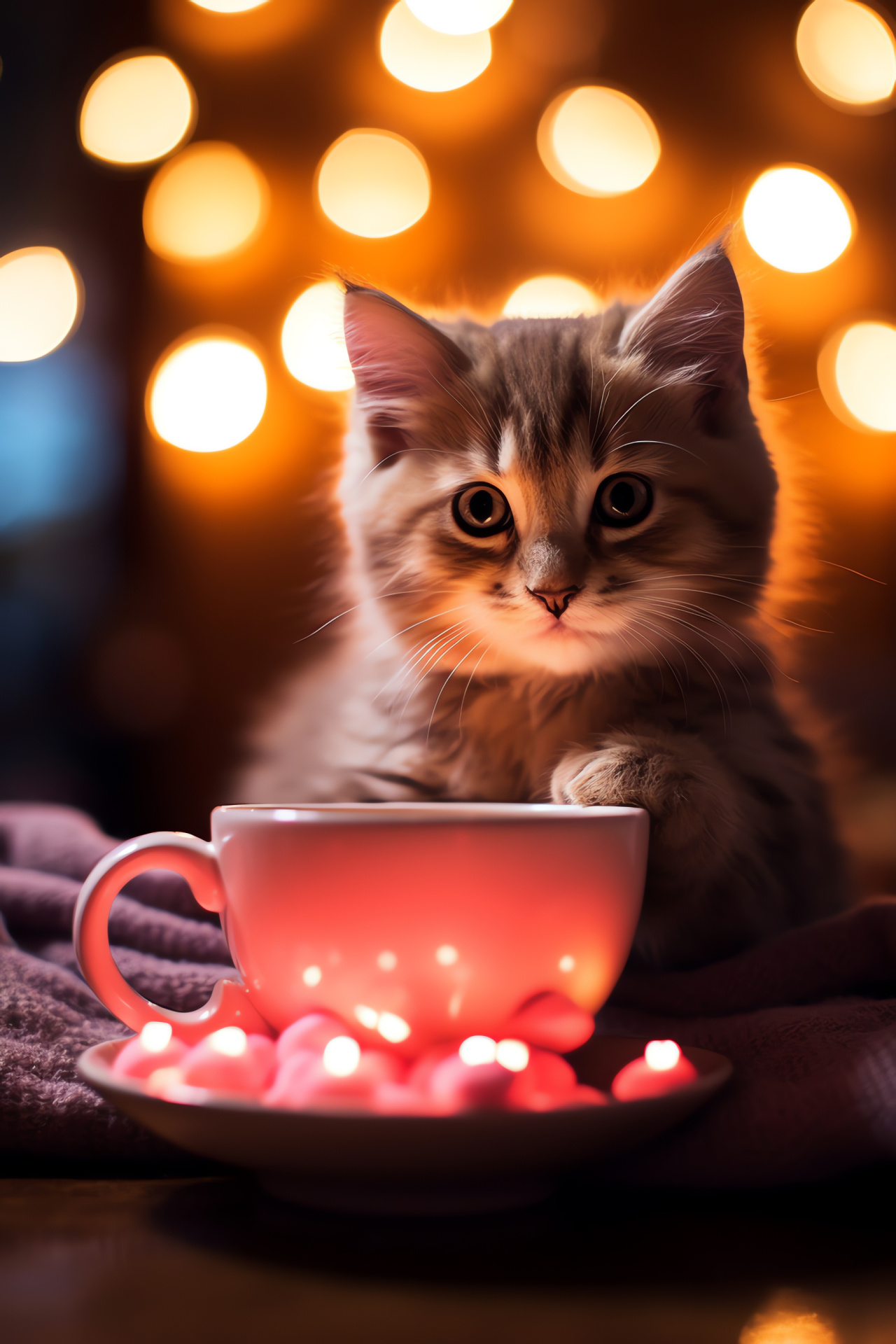 Cherished Valentine feline, Warm coffeehouse environment, Chocolate-hued kitten, Affectionate celebration, Heart cookies, HD Phone Image