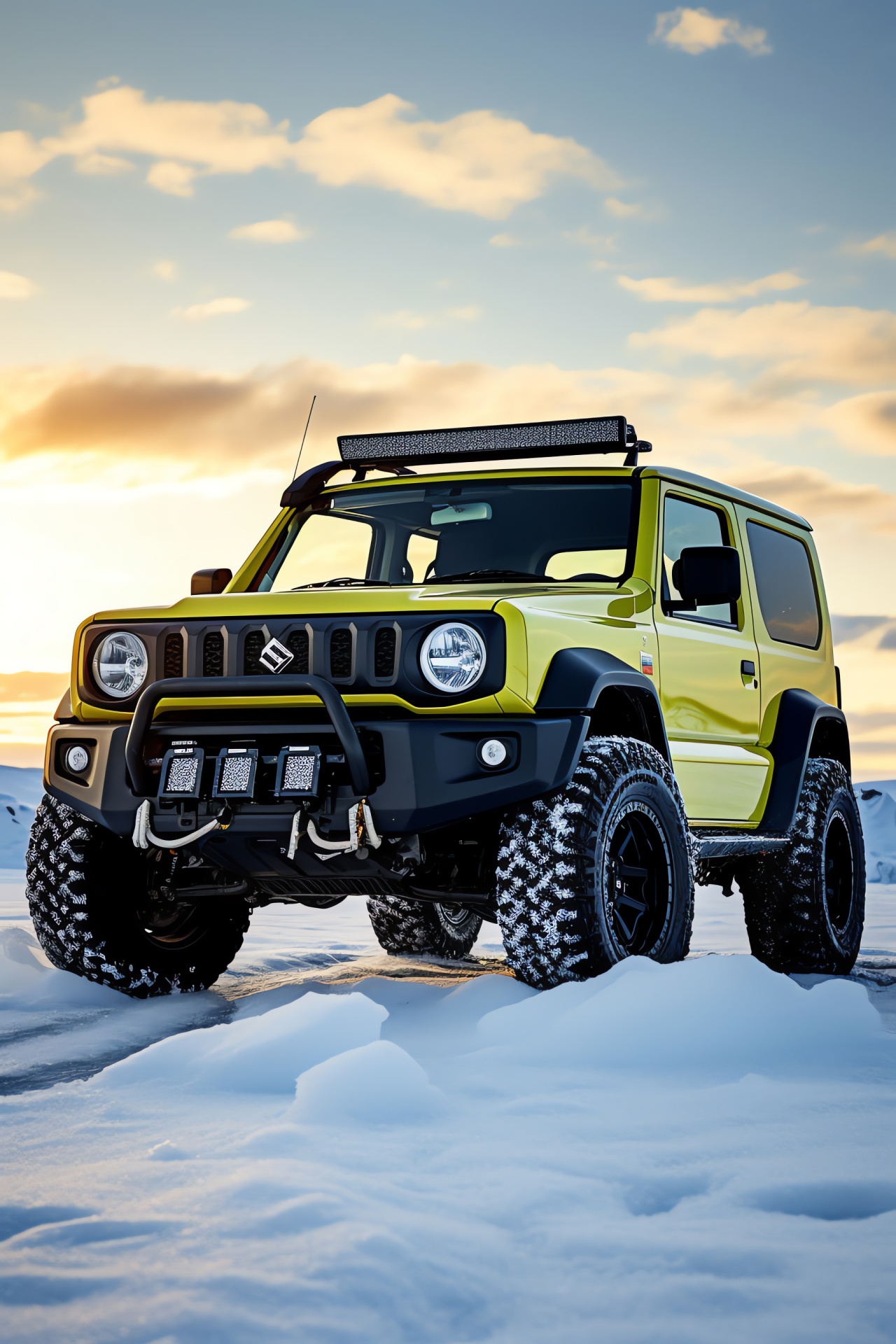 Suzuki Jimny Sierra, Hokkaido terrain, Snowy expedition, 4x4 adventurer, Winter landscape, HD Phone Image