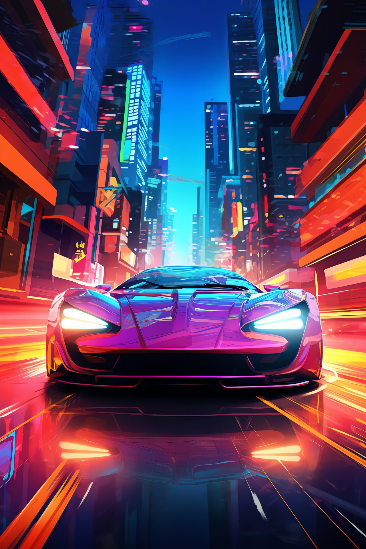 Artful neon auto perspective, city scene luminescence, metropolitan lights, urban reflections plethora, HD Phone Image