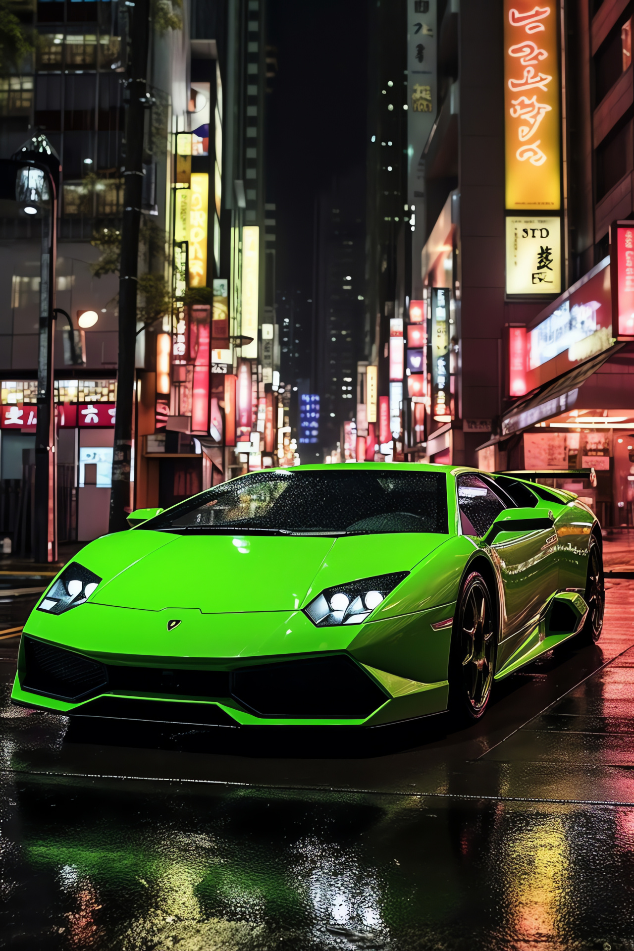 Green Lamborghini Murcielago, Iconic Tokyo neon, Roadster model admiration, Shibuya Crossing backdrop, Italian performance car, HD Phone Wallpaper