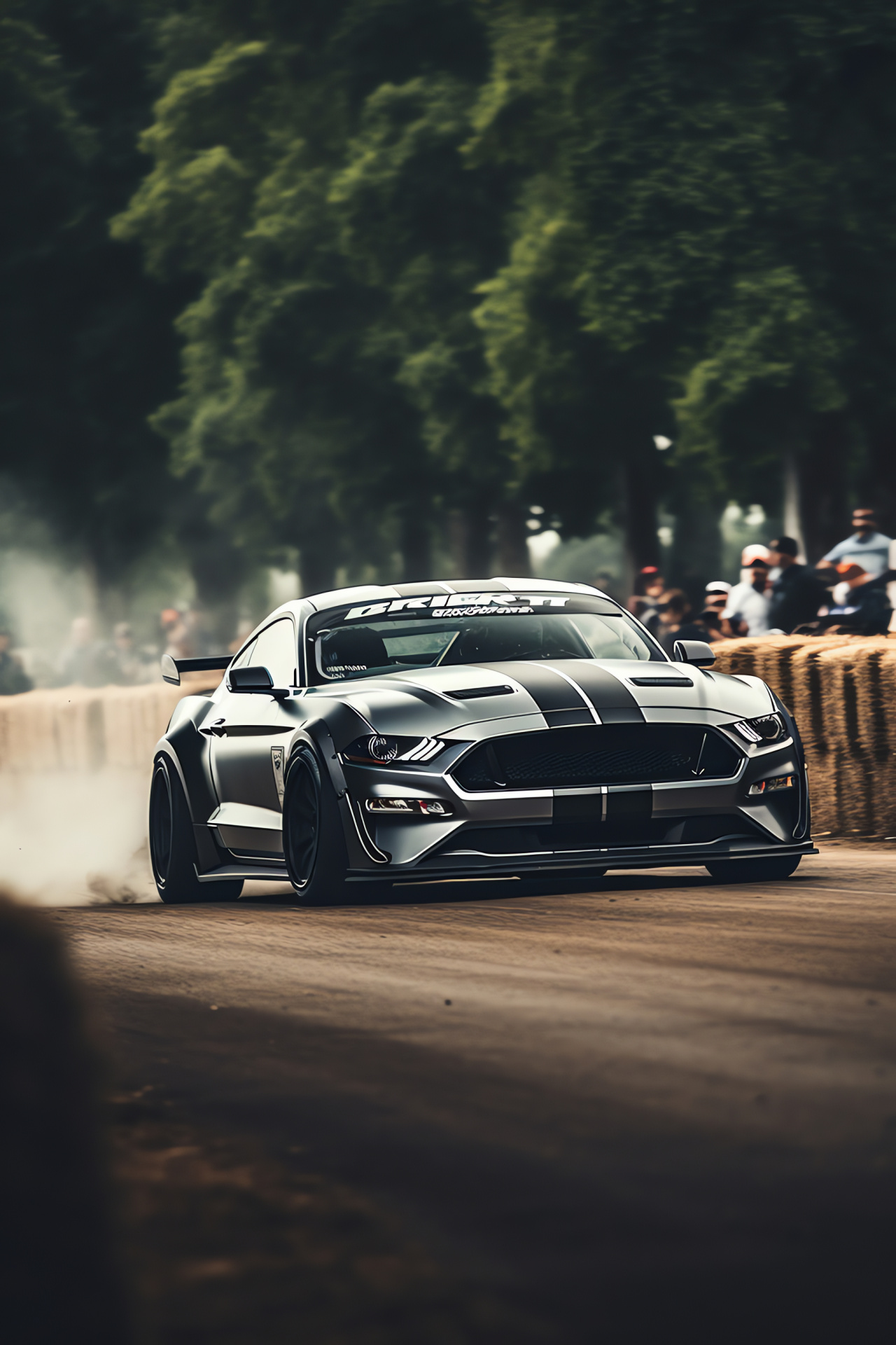 Mustang RTR Spec 5, Motorsport event atmosphere, Drifting competition car, Low-angle spectator view, Time-honored racing venue, HD Phone Image