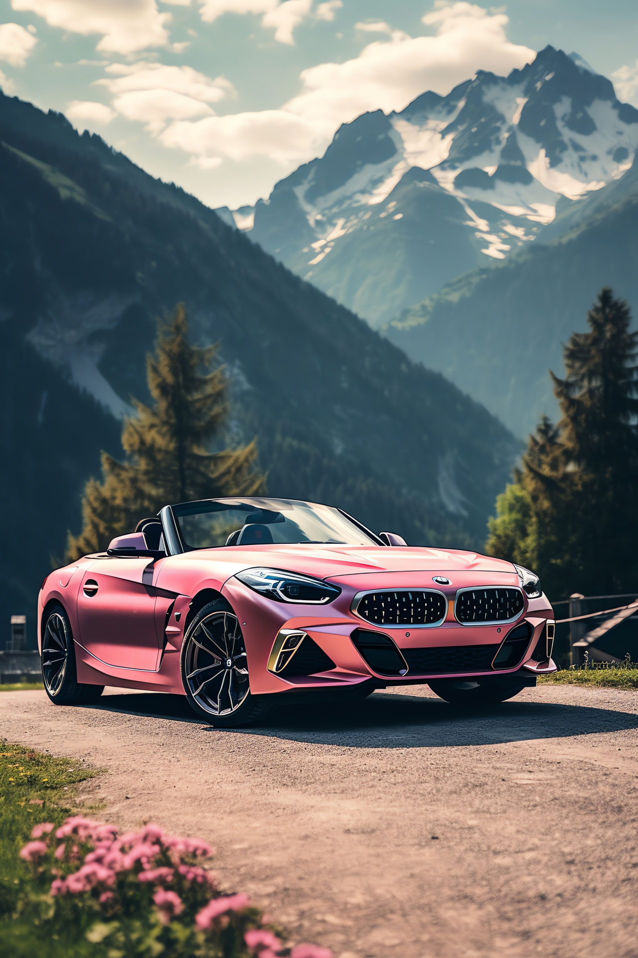 Rose-hued cars, BMW luxury model, Alpine roads, Snowy peaks, Swiss landscape charm, HD Phone Image