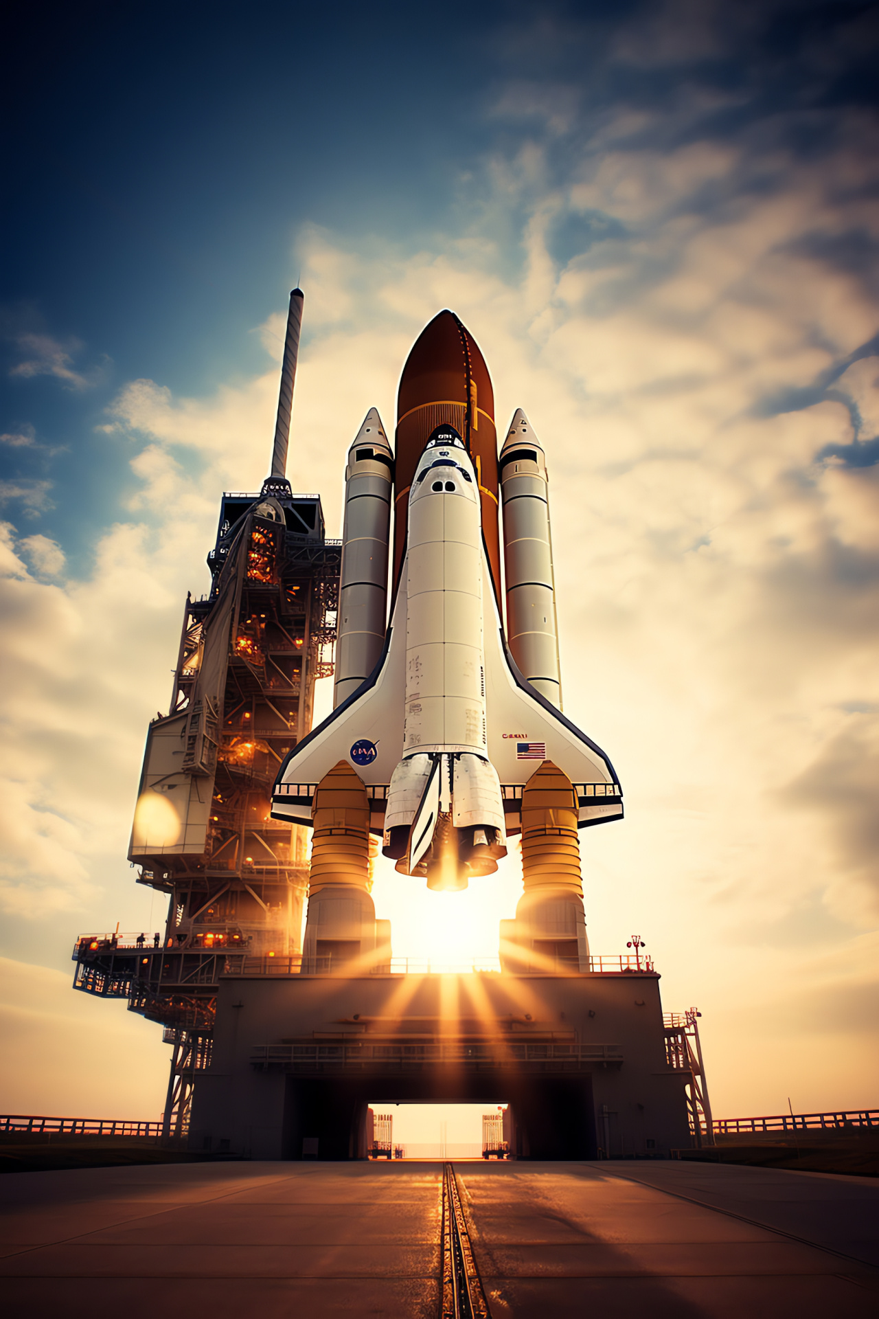 Ground-level Space Shuttle, Launch complex framework, Pre-launch tension, Aerospace golden hour, Dynamic positioning, HD Phone Wallpaper