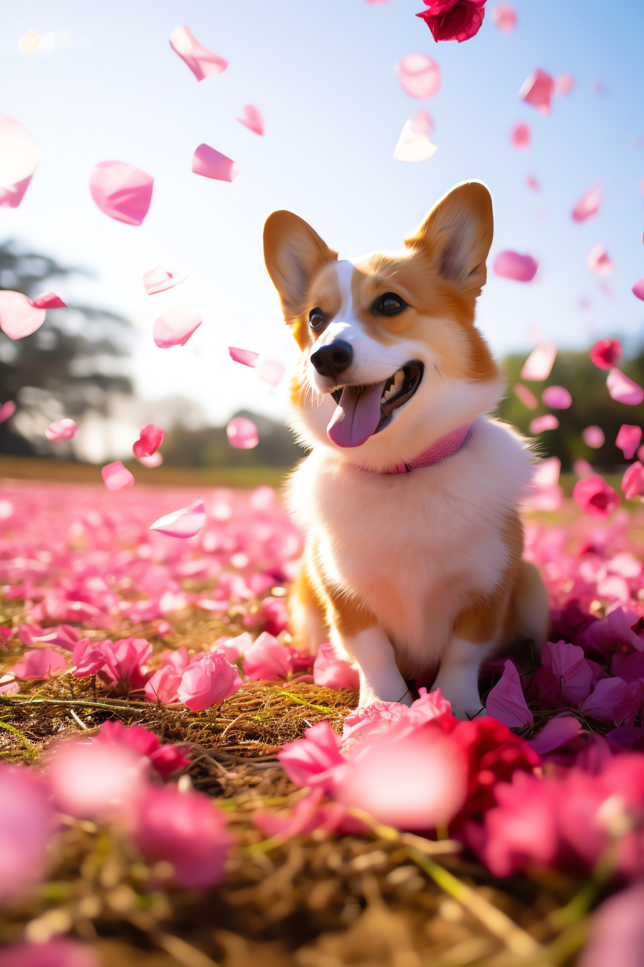 Valentine's Day corgi, Adorable dog in pink, Festive costume, Pet love, Blooming field, HD Phone Image