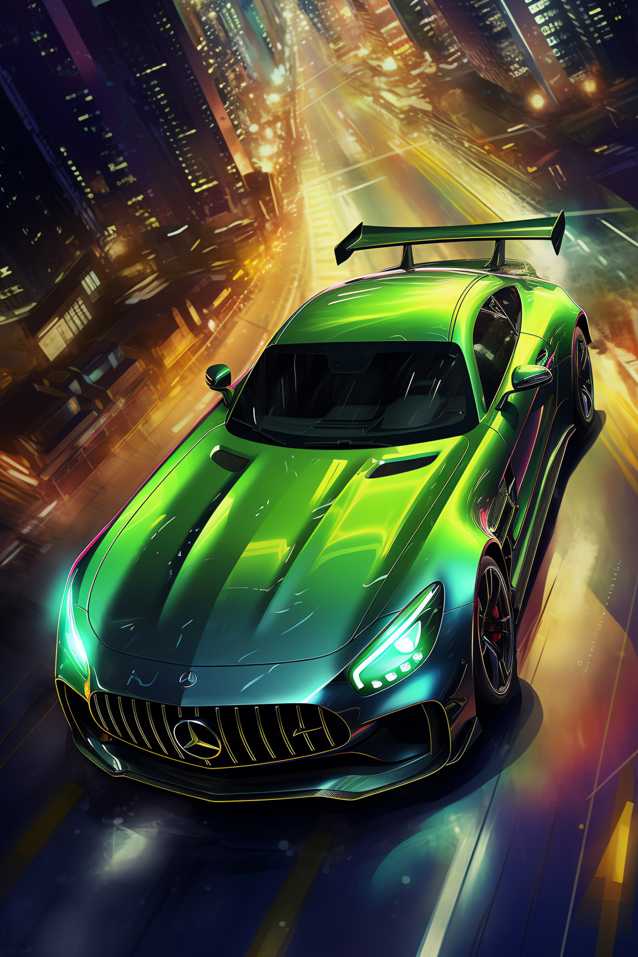 Mercedes-AMG mastery, GT R Pro model, City lights car chase, Elegant vehicle athletics, Elevated view of power, HD Phone Image