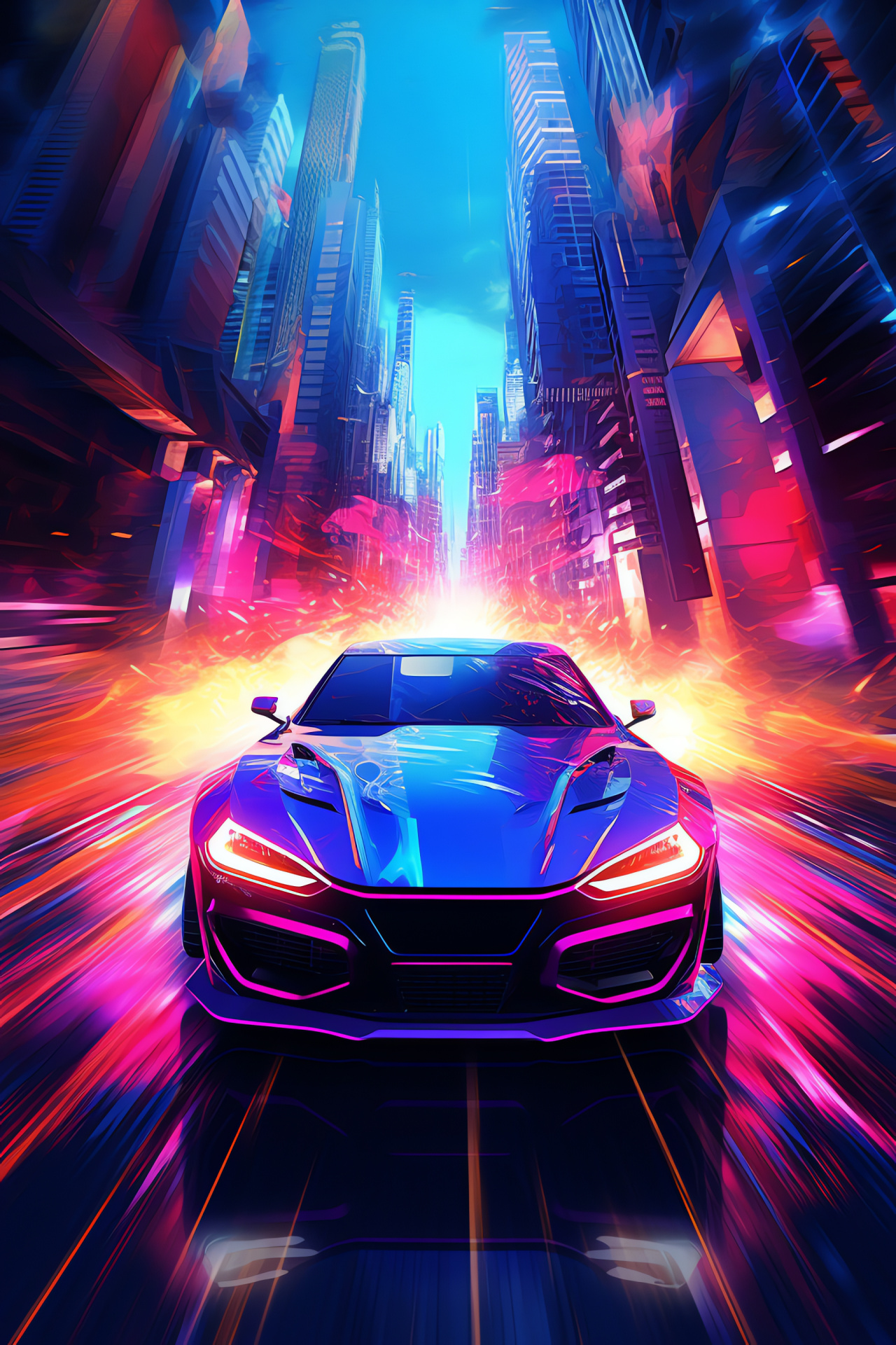 Glowing automobile, urban vista, neon metropolis, vibrant hues, reflective surfaces, HD Phone Wallpaper