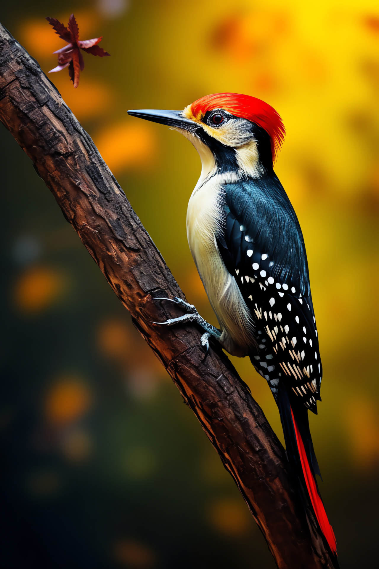 Distinct woodpecker, Red head, Vibrant visuals, Triple-hued scene, Bird watching, HD Phone Image