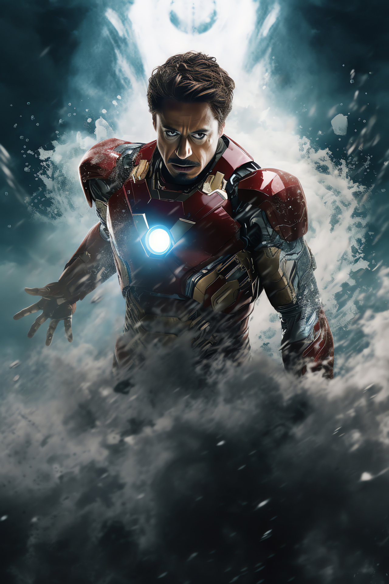 Robert Downey Jr, Climactic battle, Superhero action, Formidable adversity, Dynamic weather, HD Phone Image