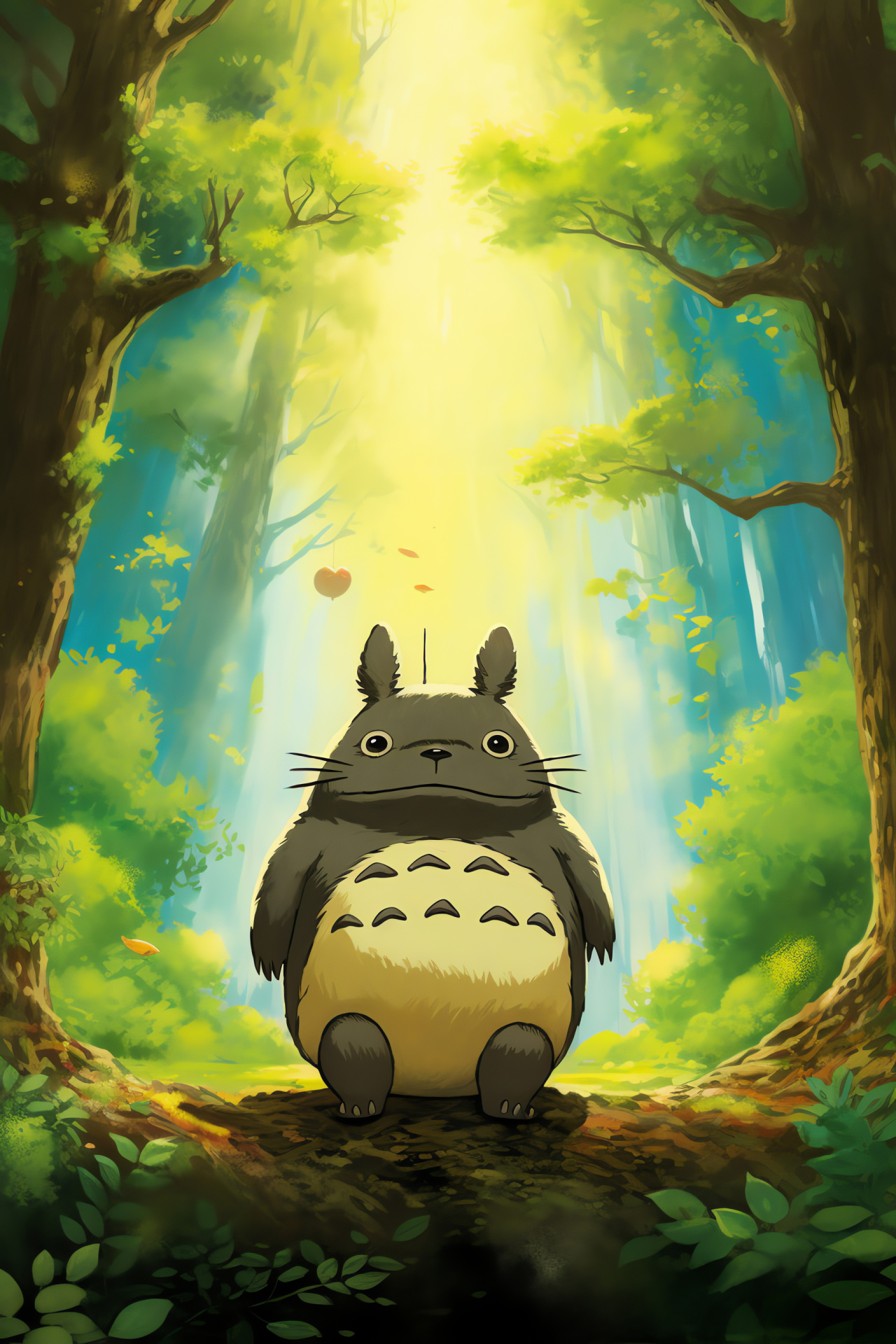 Anime classic Totoro, Mythical forest creature, Towering arboreal setting, Clear expansive sky, Ghibli masterpiece, HD Phone Wallpaper