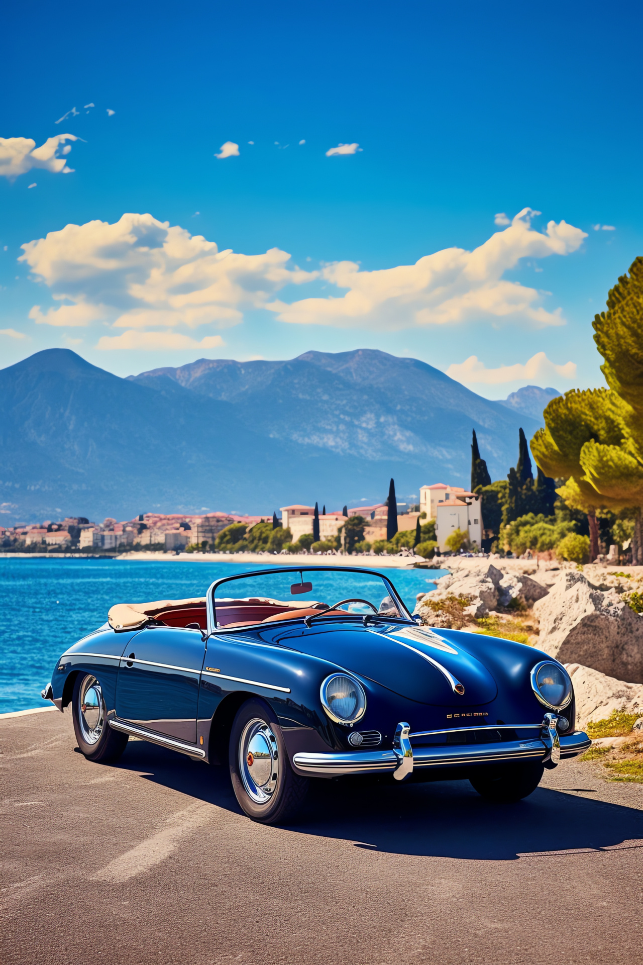 French Riviera's Porsche 356, Cabriolet grace, Sapphire Mediterranean waters, Seafront towns view, Vintage charm, HD Phone Wallpaper